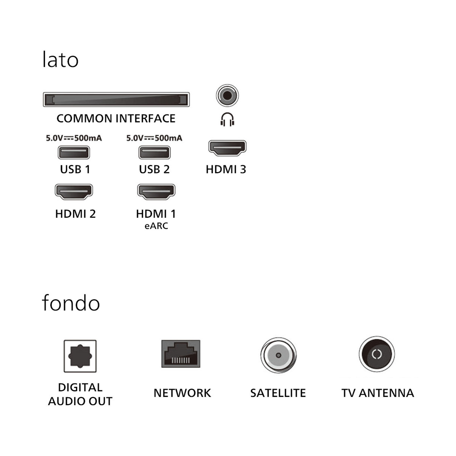 Pannello posteriore TV con varie porte: USB, HDMI, antenna, rete, uscita audio digitale e connessioni satellitari, etichettate con testo.