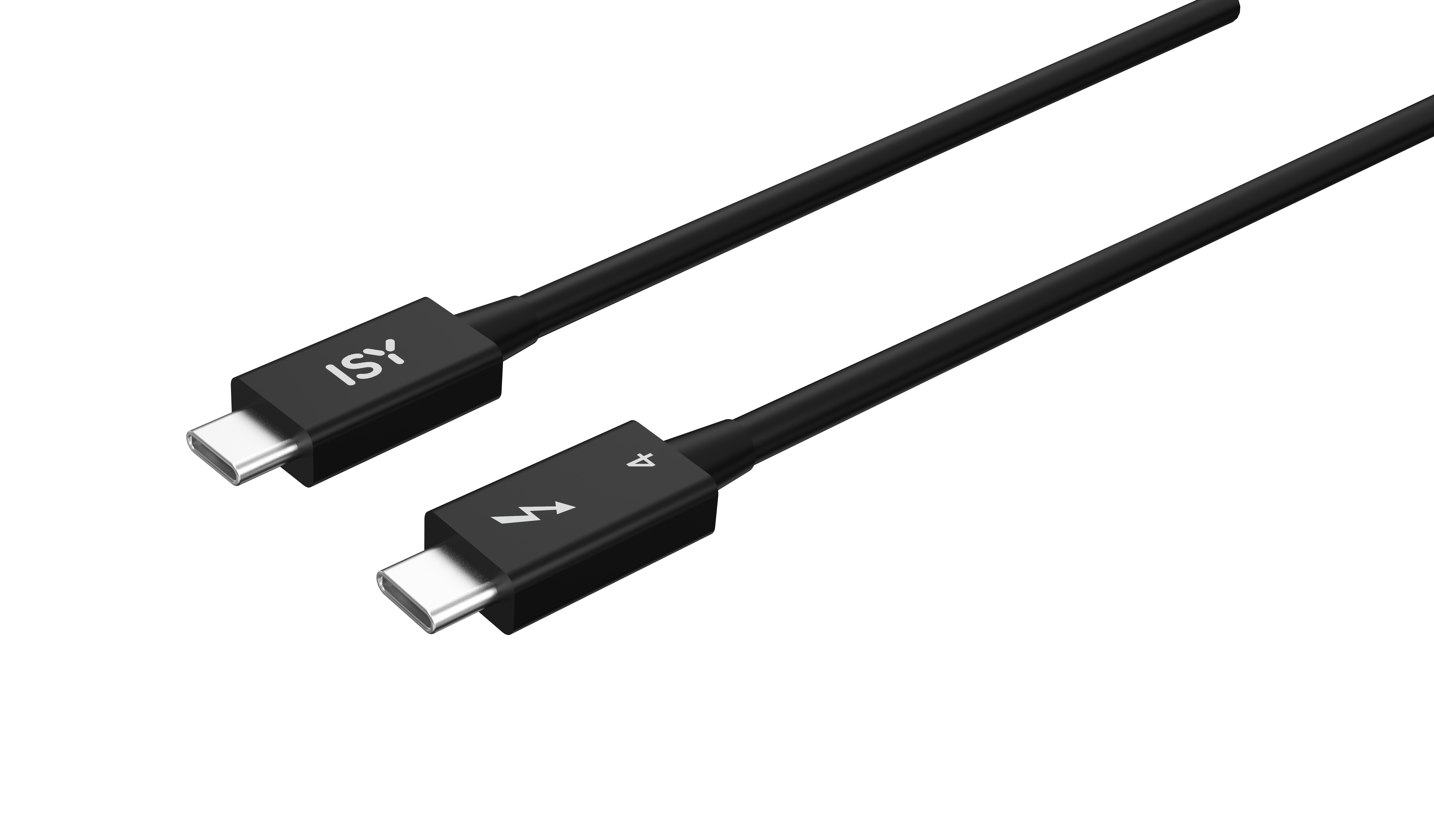 Zwei schwarze USB-C-Kabel auf schwarzem Hintergrund. Eins hat das ISY-Logo, das andere ein Blitzsymbol.