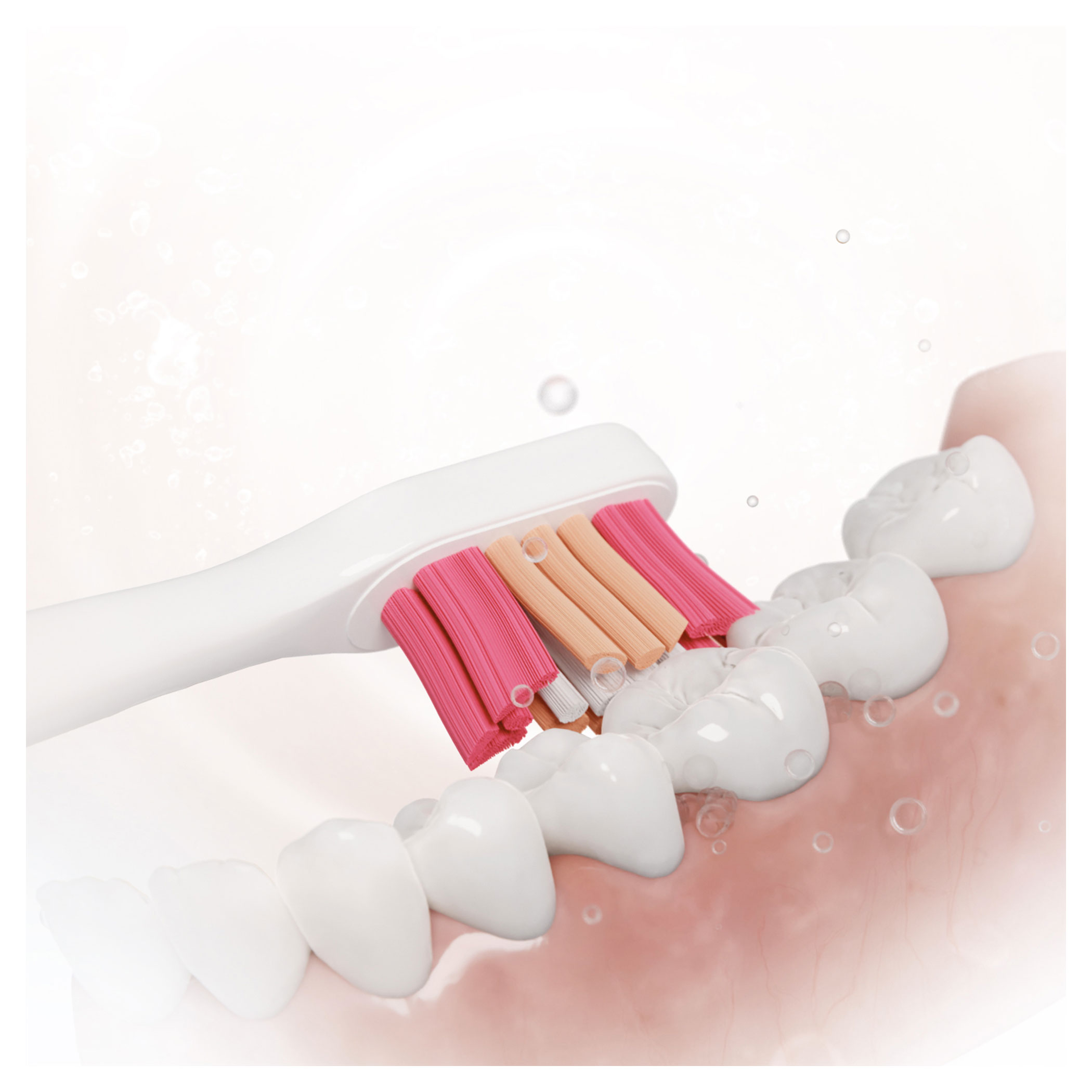Szczoteczka elektryczna czyści zęby. Różowe i beżowe włosie, biała rączka. Bąbelki i zęby w tle.
