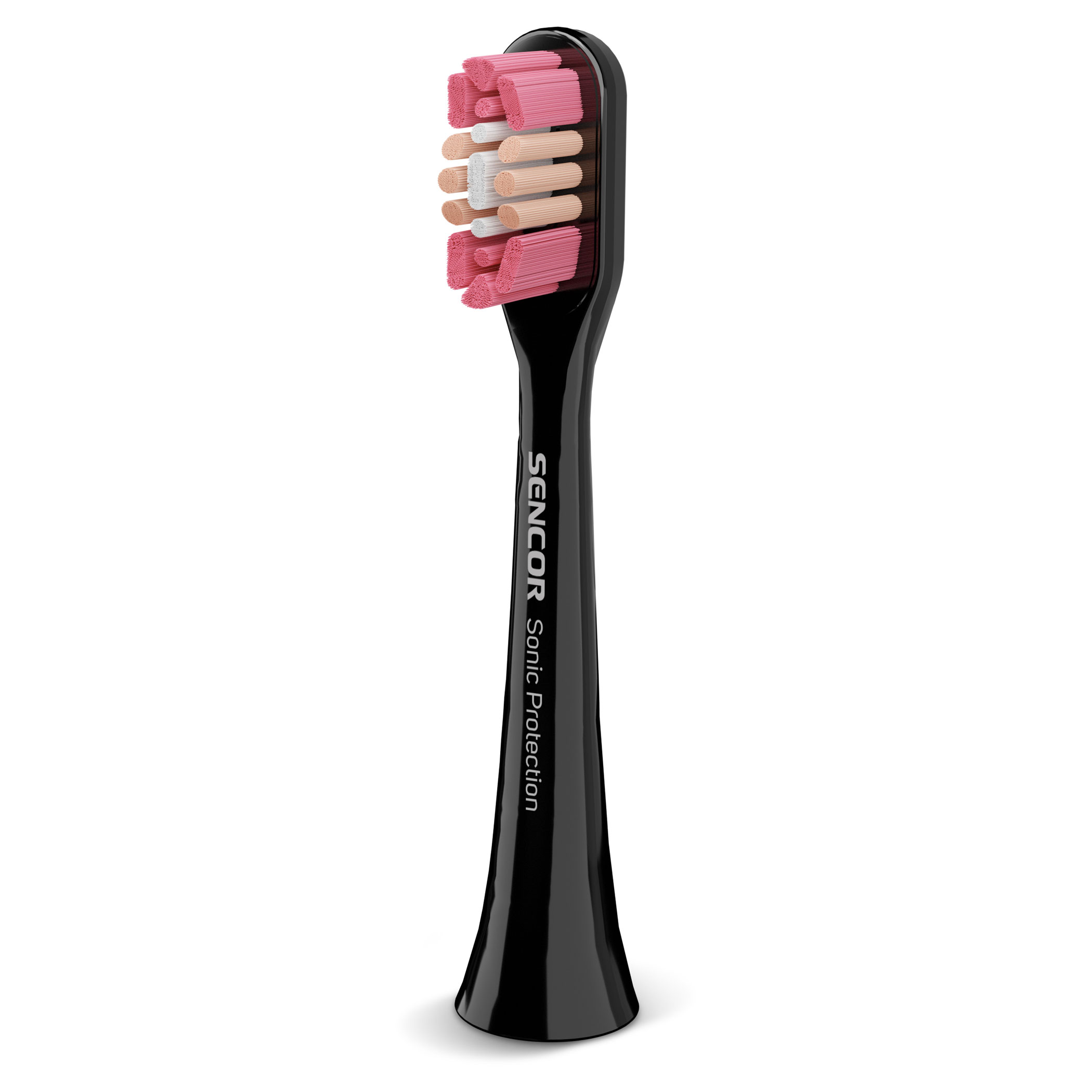 Czarna główka szczoteczki Sencor Sonic Protection. Ma różowe i białe włosie.