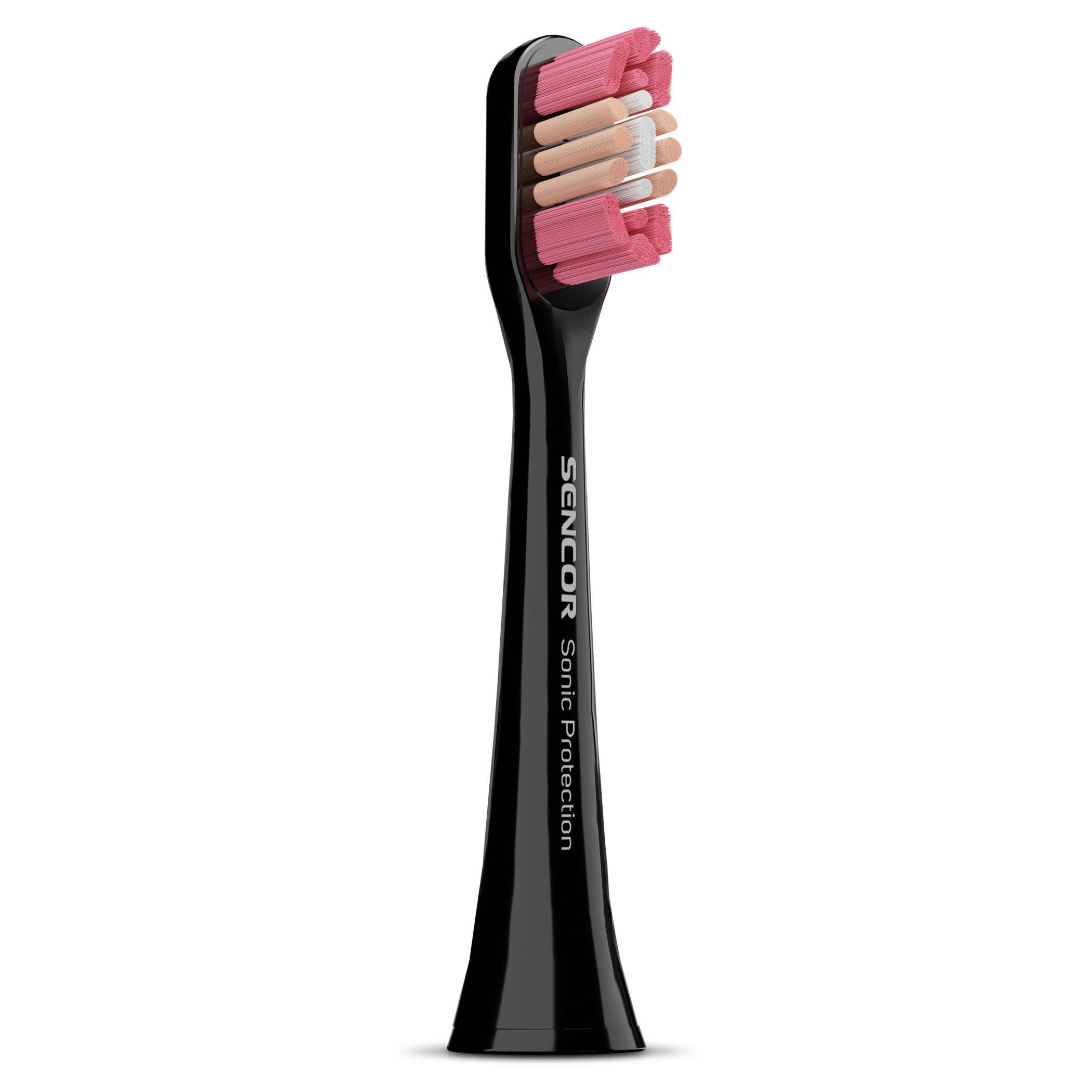 Czarna główka szczoteczki do zębów SENCOR Sonic Protection. Widoczne są różowe i beżowe włosie. Tło jest białe.