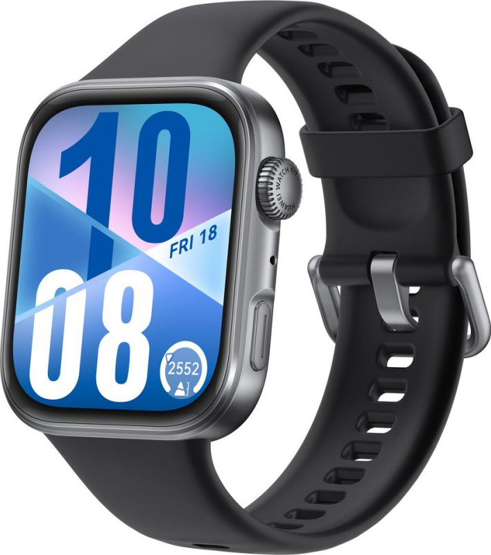 Eine Smartwatch mit schwarzem Armband und silbernem Gehäuse. Das Display zeigt die Uhrzeit 10:08 und das Datum Freitag 18 an.