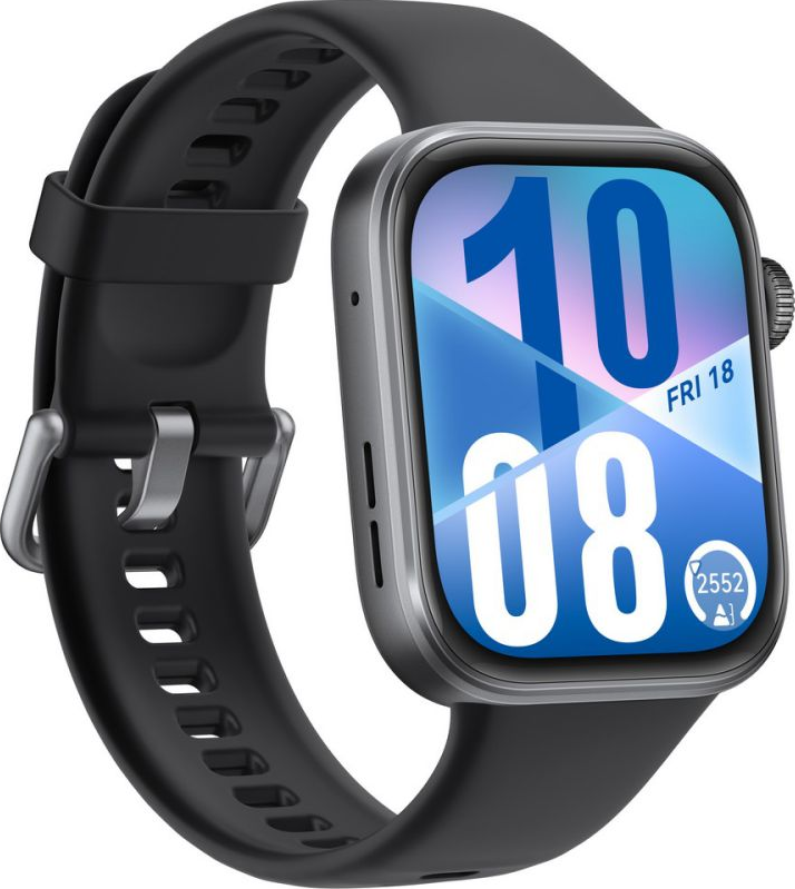 Eine schwarze Smartwatch zeigt die Uhrzeit '10:08' auf einem blauen Bildschirm. Das Armband ist schwarz mit silberner Schnalle.