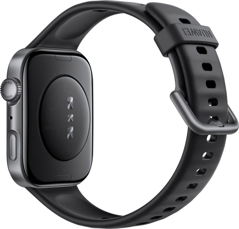 Eine schwarze Huawei-Smartwatch, Rückseite und Armband sichtbar. Das Zifferblatt ist dunkel, das Armband ist gummiartig und hat Löcher.