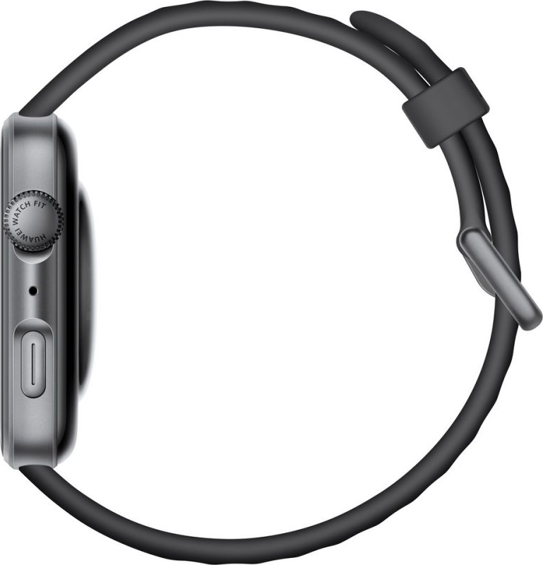 Seitenansicht einer Smartwatch mit schwarzem Armband. Das Zifferblatt ist silberfarben und hat einen Knopf.