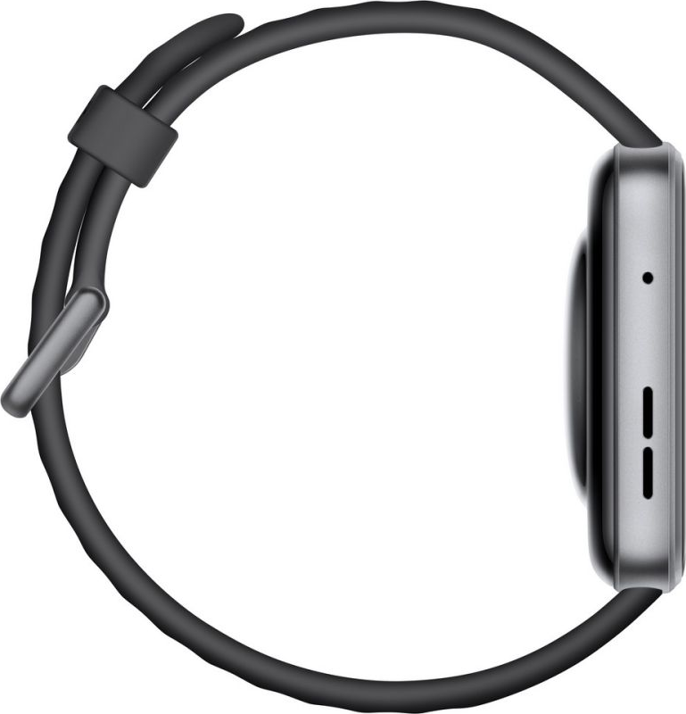 Eine Smartwatch mit quadratischem Bildschirm und schwarzem Armband. Die Uhr ist grau mit zwei Knöpfen an der Seite. Das Armband ist geschlungen.