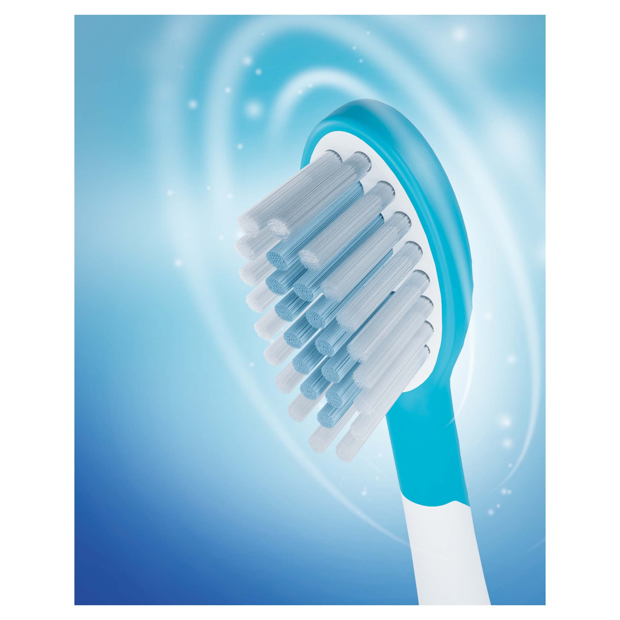 Zbliżenie główki szczoteczki do zębów. Niebieskie i białe włosie na niebieskim uchwycie. Jasnoniebieskie tło.