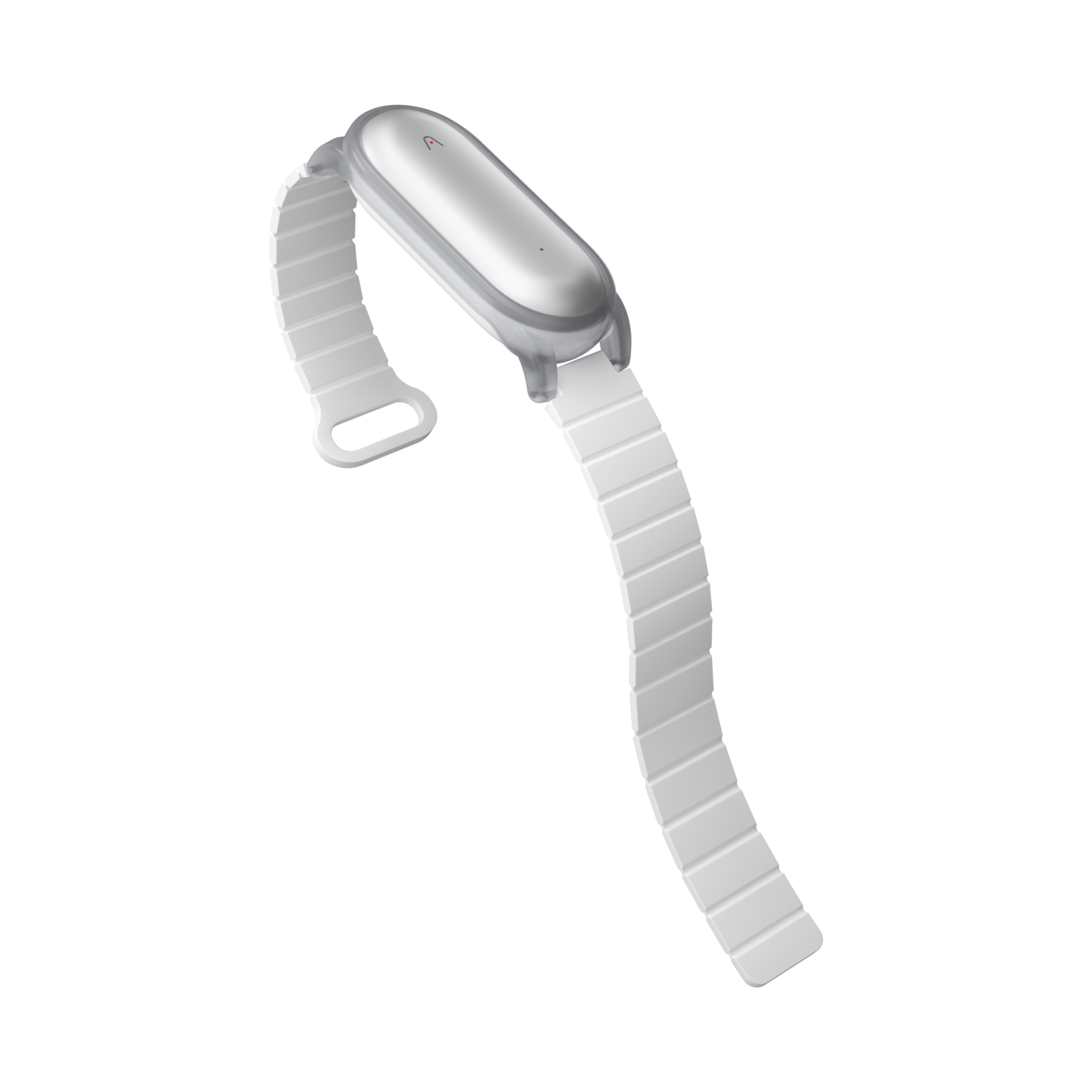 Een witte smartwatch met een witte band wordt weergegeven tegen een zwarte achtergrond. De band is flexibel en verdeeld.
