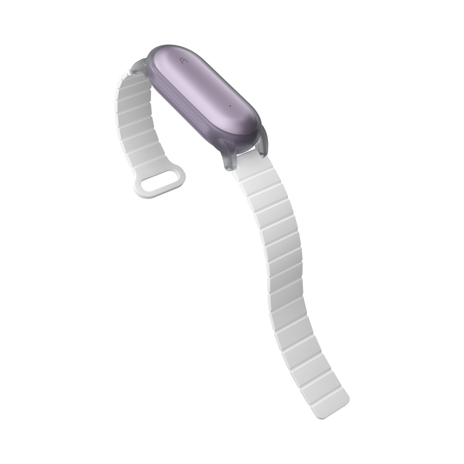 Een witte en paarse smartband op een zwarte achtergrond. De band heeft een paars scherm en een witte band van segmenten.