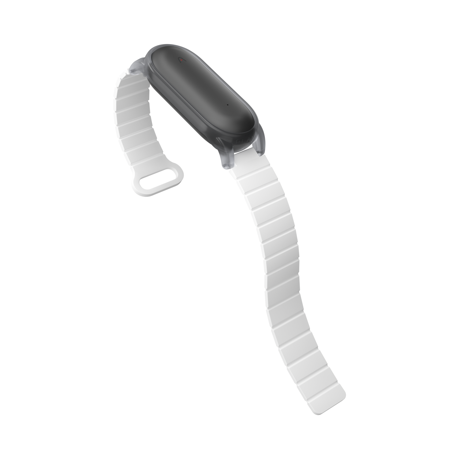 Een smartwatch met een zwarte behuizing en een witte band. De achtergrond is zwart.