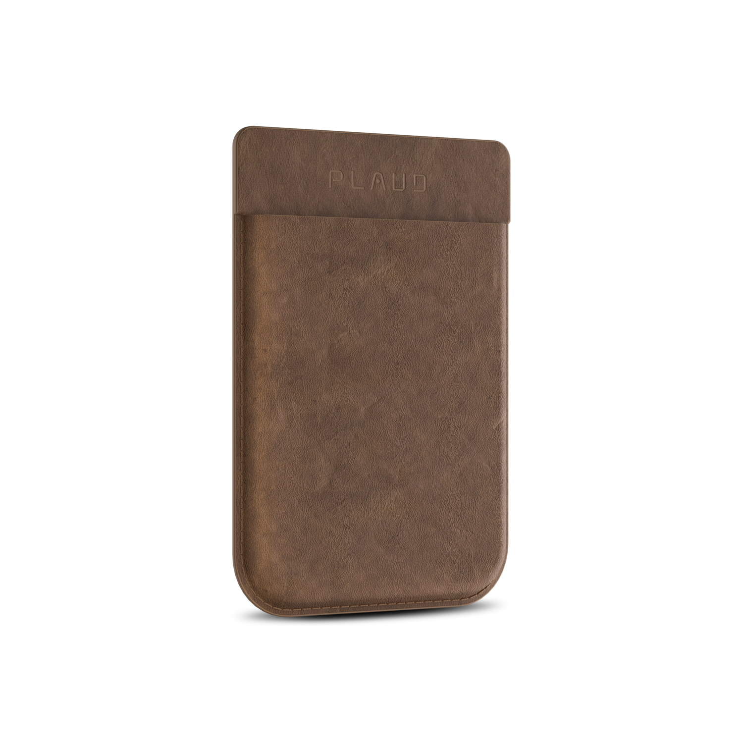 Une pochette en cuir marron avec le mot 'PLAUD' en relief en haut, sur fond blanc.