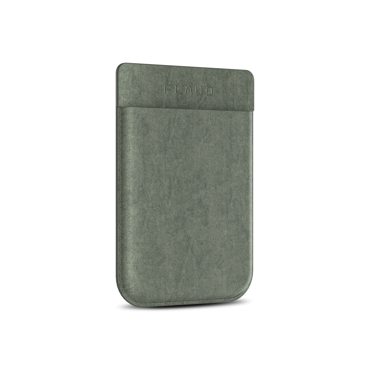 Une pochette PLAUD vert sauge pour téléphone ou tablette, debout sur fond blanc. Le nom de la marque est en relief en haut.