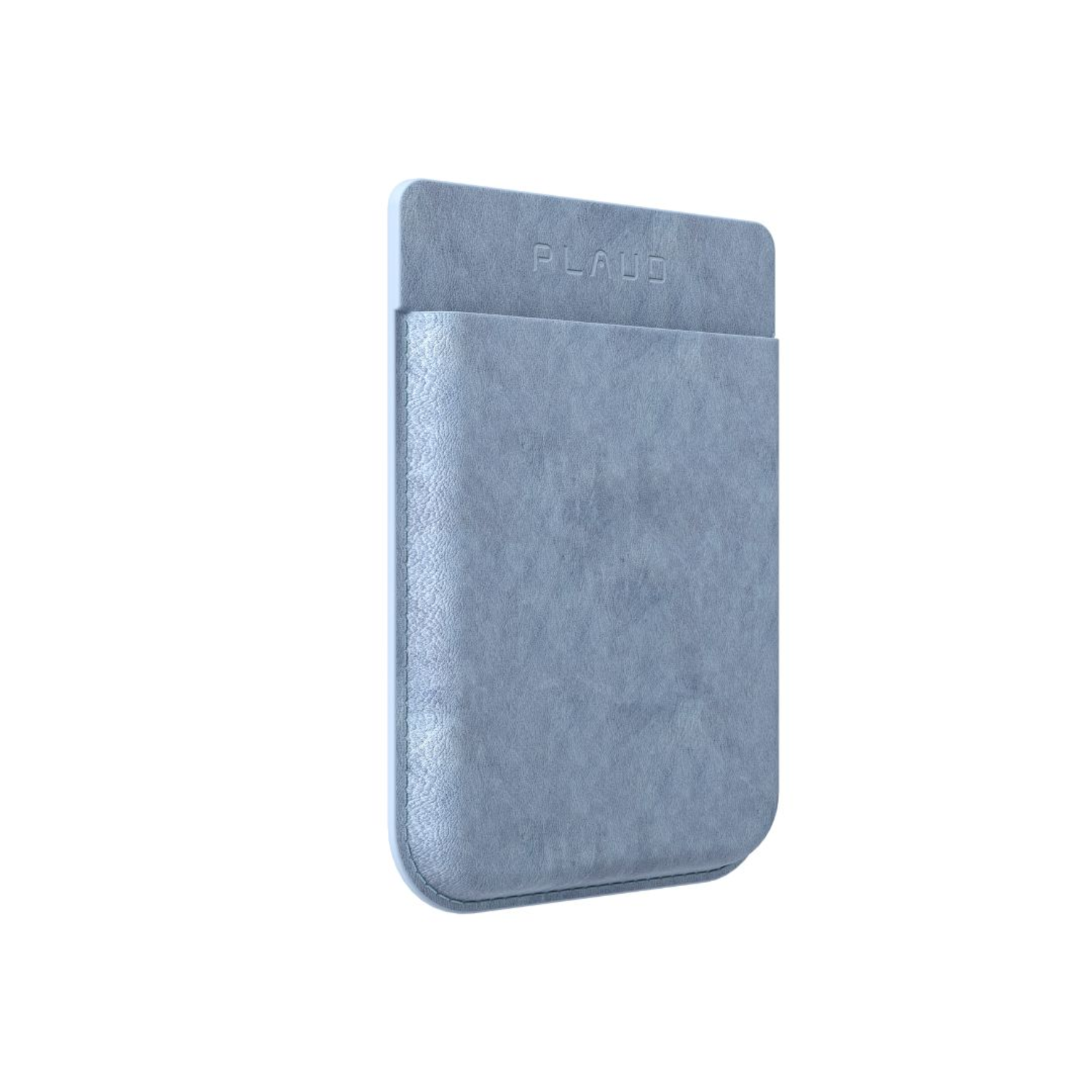 A light blue, leather-like card holder with the word 'PLAUD' embossed on the top. It has a pocket and is set against a white background.