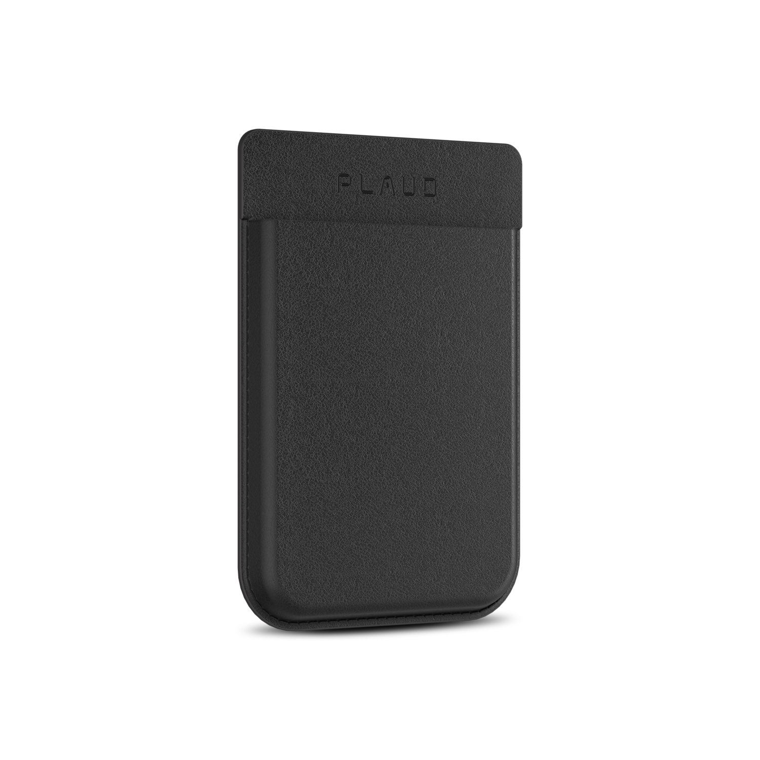 Une housse de téléphone noire sur fond blanc. Le mot 'PLAUD' est gravé en haut de la housse.
