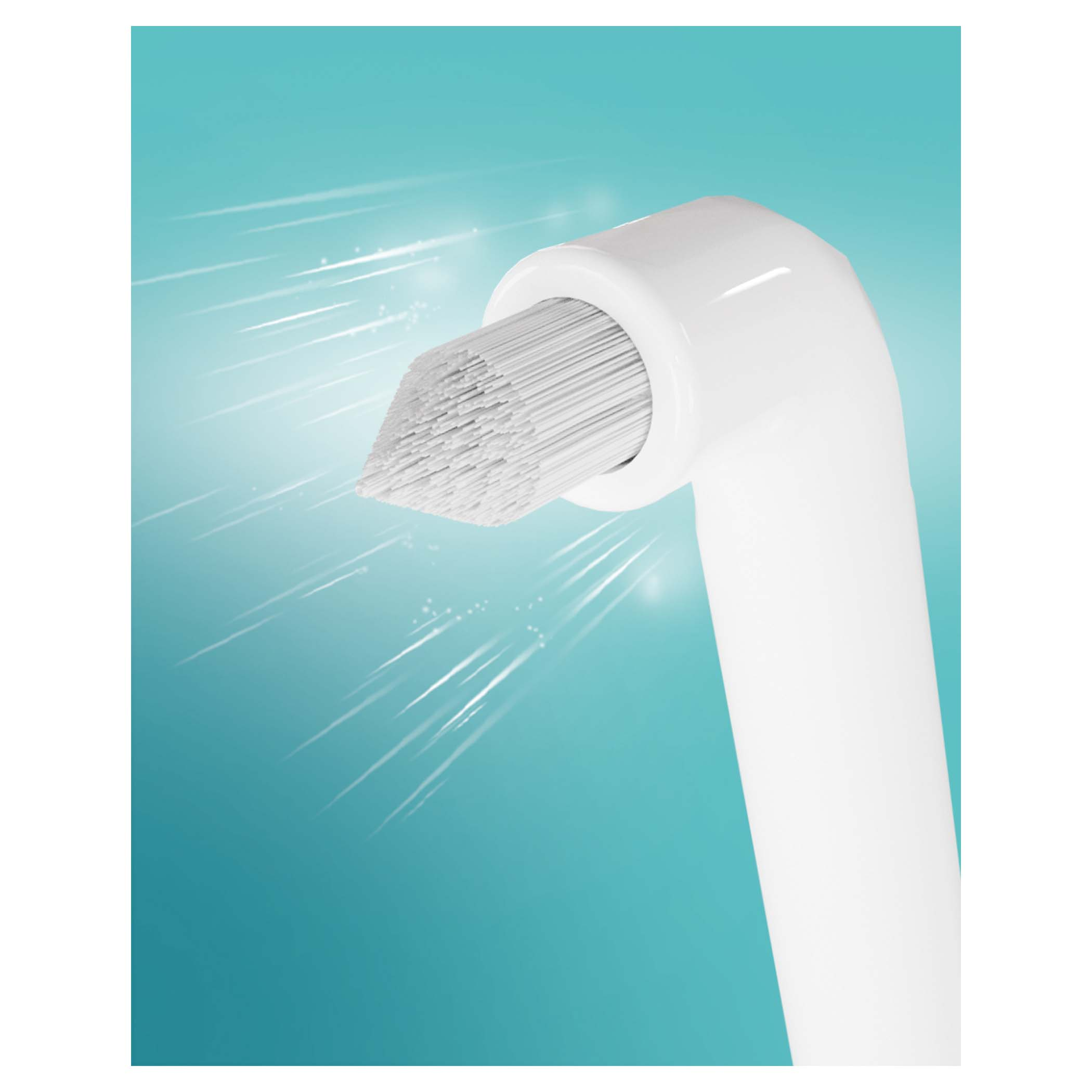 Zbliżenie białej główki szczoteczki do zębów z włosiem. Tło to gradient niebiesko-biały z smugami światła.