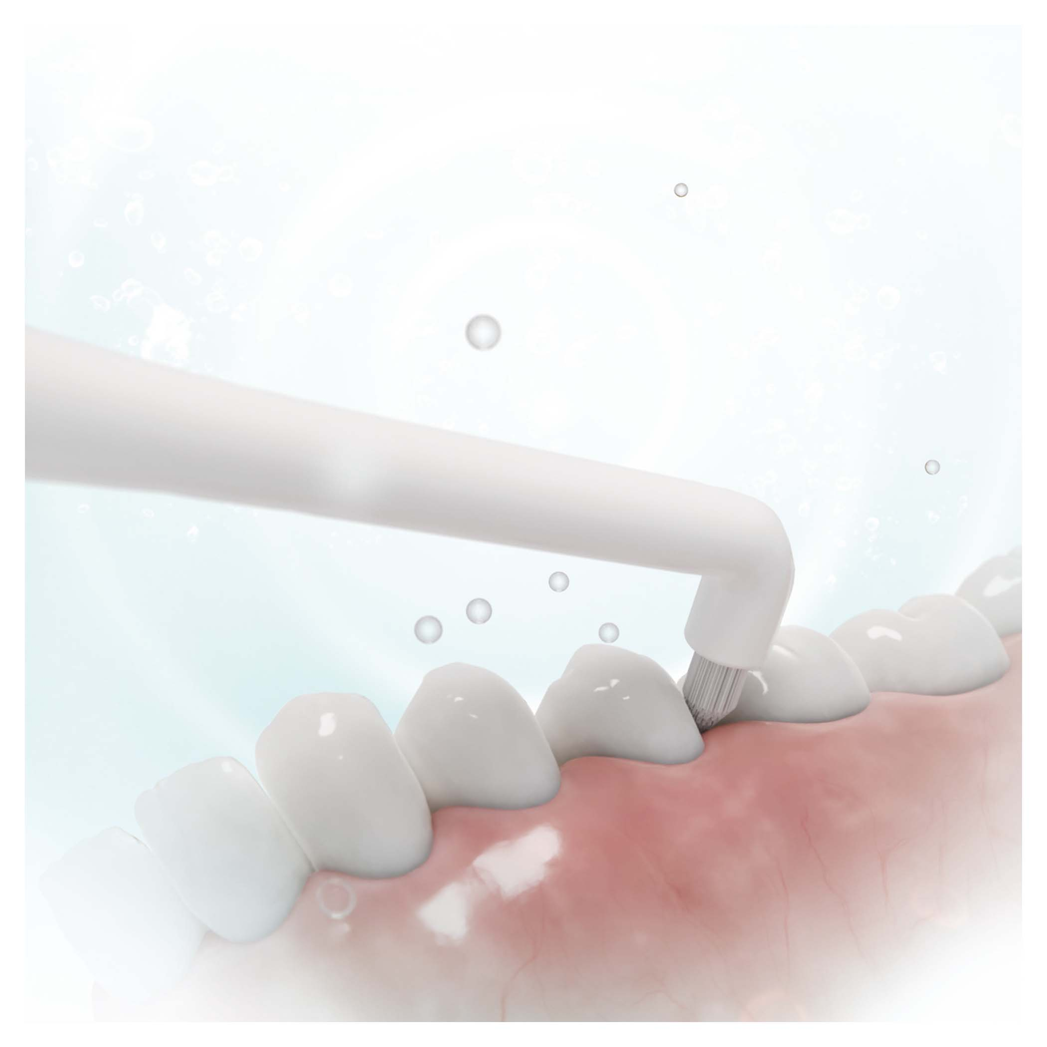 Szczoteczka do zębów czyści zęby. Białe zęby na pierwszym planie, różowe dziąsła poniżej. Pęcherzyki unoszą się na bladoniebieskim tle.