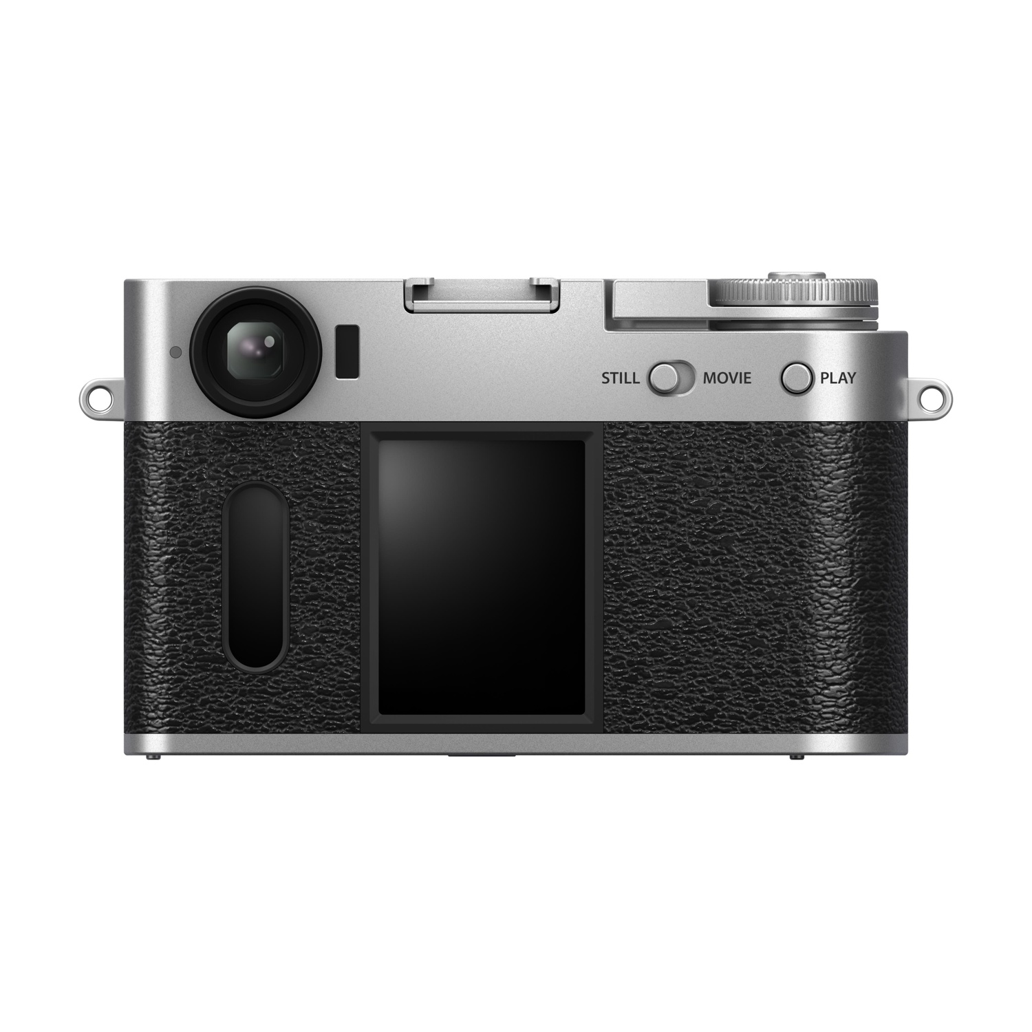 Una fotocamera argentata e nera con obiettivo, pulsanti e schermo. Il retro ha pelle nera strutturata.