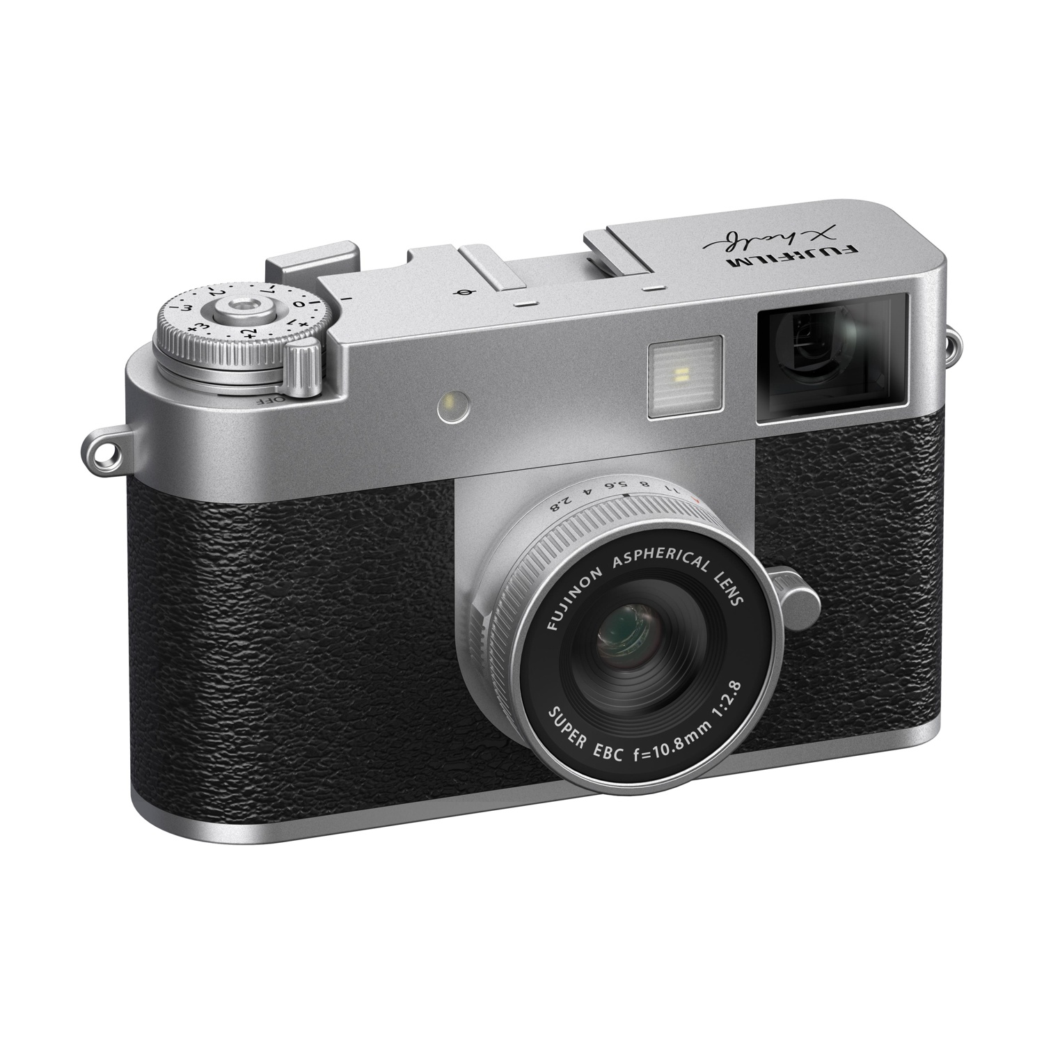 Una fotocamera Fujifilm X-half argento e nera. Ha un obiettivo, quadranti e pulsanti. Il marchio è visibile in alto.