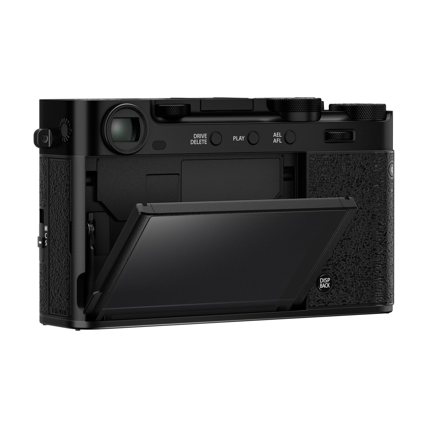Fotocamera digitale nera con schermo aperto, che mostra i controlli e l'impugnatura strutturata. La fotocamera è su sfondo bianco.