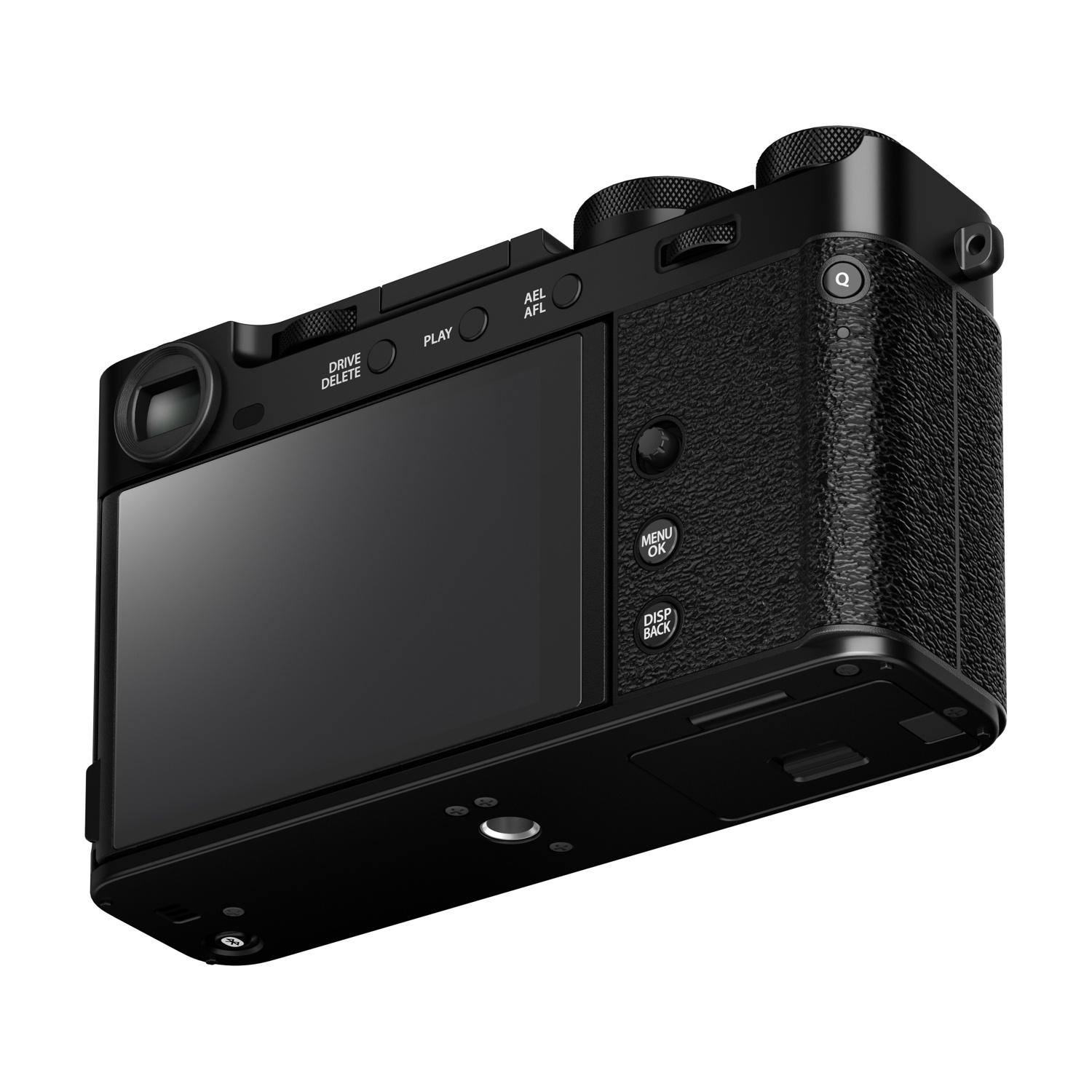 Una fotocamera digitale nera è mostrata da dietro. La fotocamera ha pulsanti, uno schermo e un'impugnatura strutturata. L'obiettivo è a sinistra.