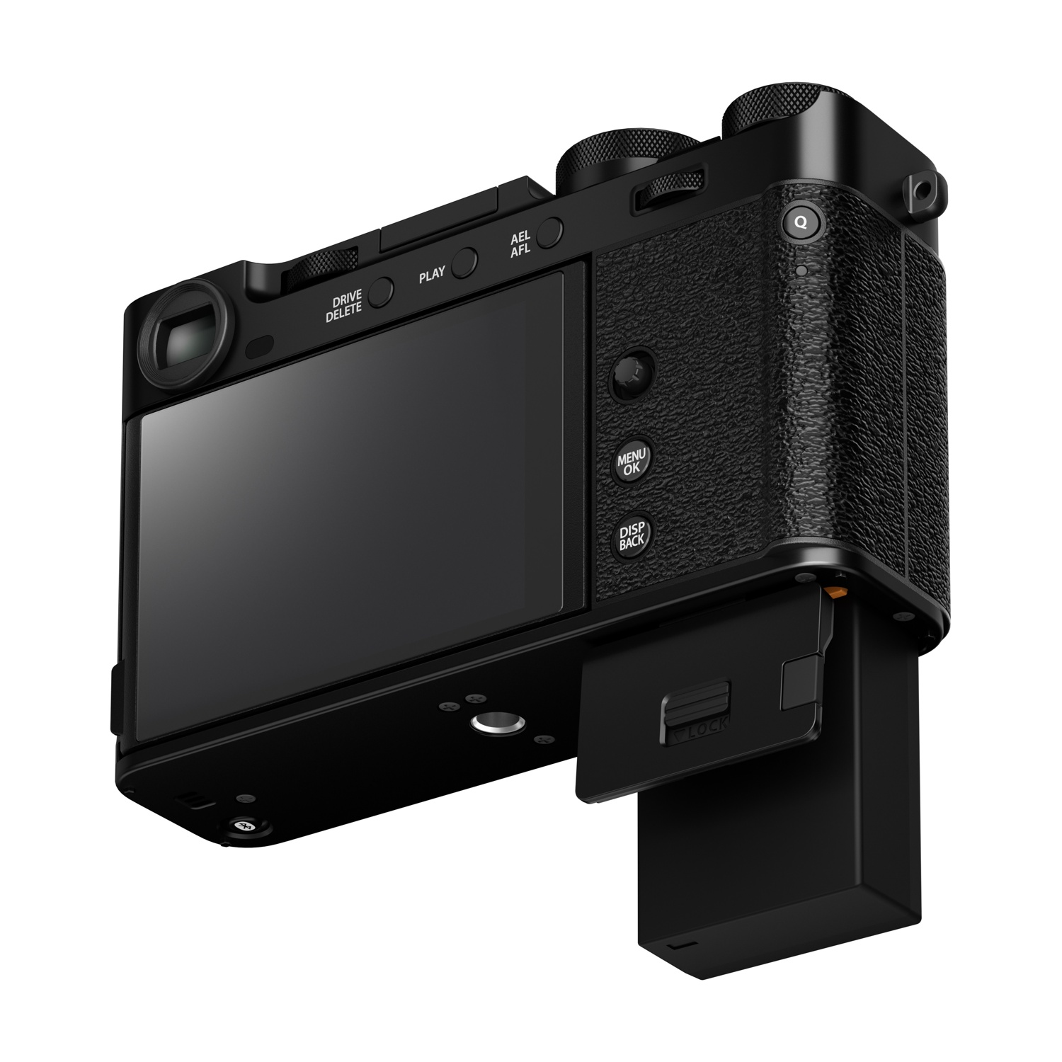 Una fotocamera nera, leggermente angolata. Ha uno schermo, pulsanti e un'impugnatura per la batteria collegata. La fotocamera è su sfondo bianco.