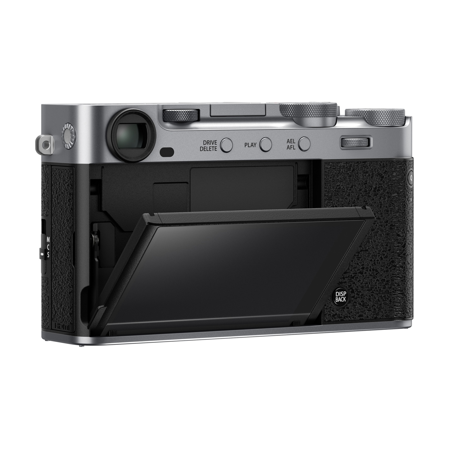 Fotocamera argento e nera con schermo aperto. Pulsanti: 'Drive Delete', 'Play', 'AEL AFL' e 'Disp Back'.