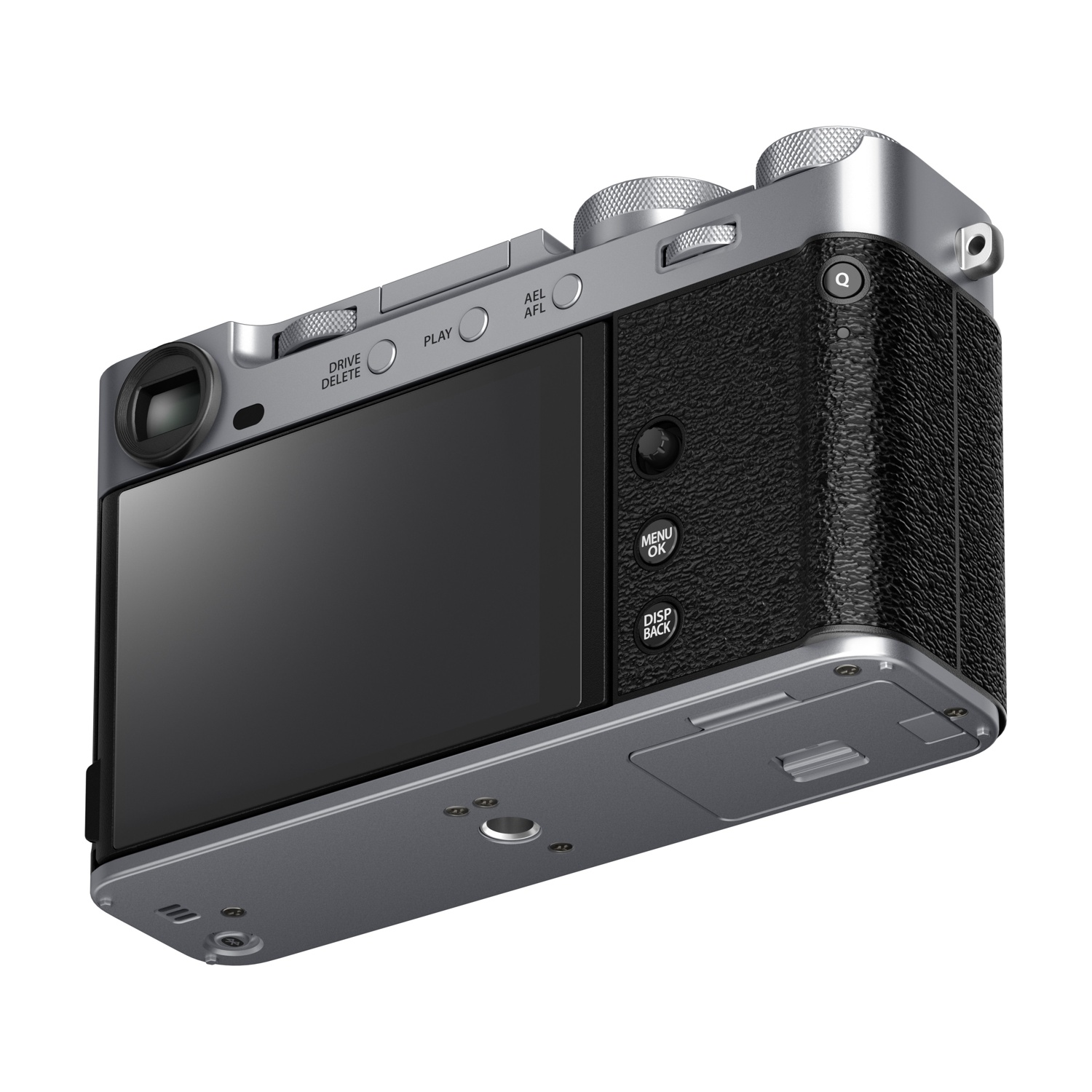 Una fotocamera argentata e nera, vista angolata, mostra lo schermo LCD, i pulsanti e l'impugnatura strutturata. Lo sfondo è bianco.