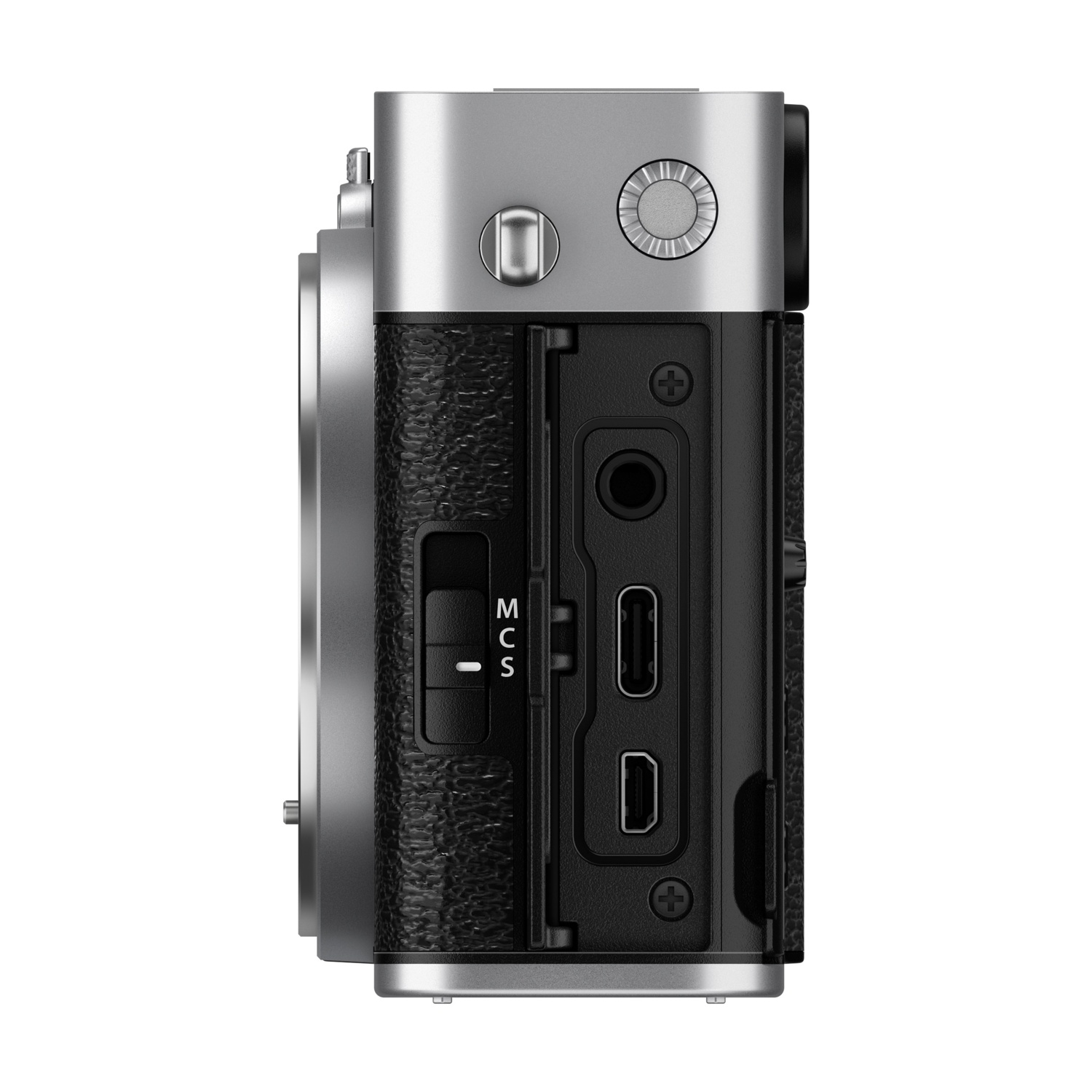 Fotocamera argento e nera, vista laterale. Include pulsanti, porte e impugnatura strutturata.