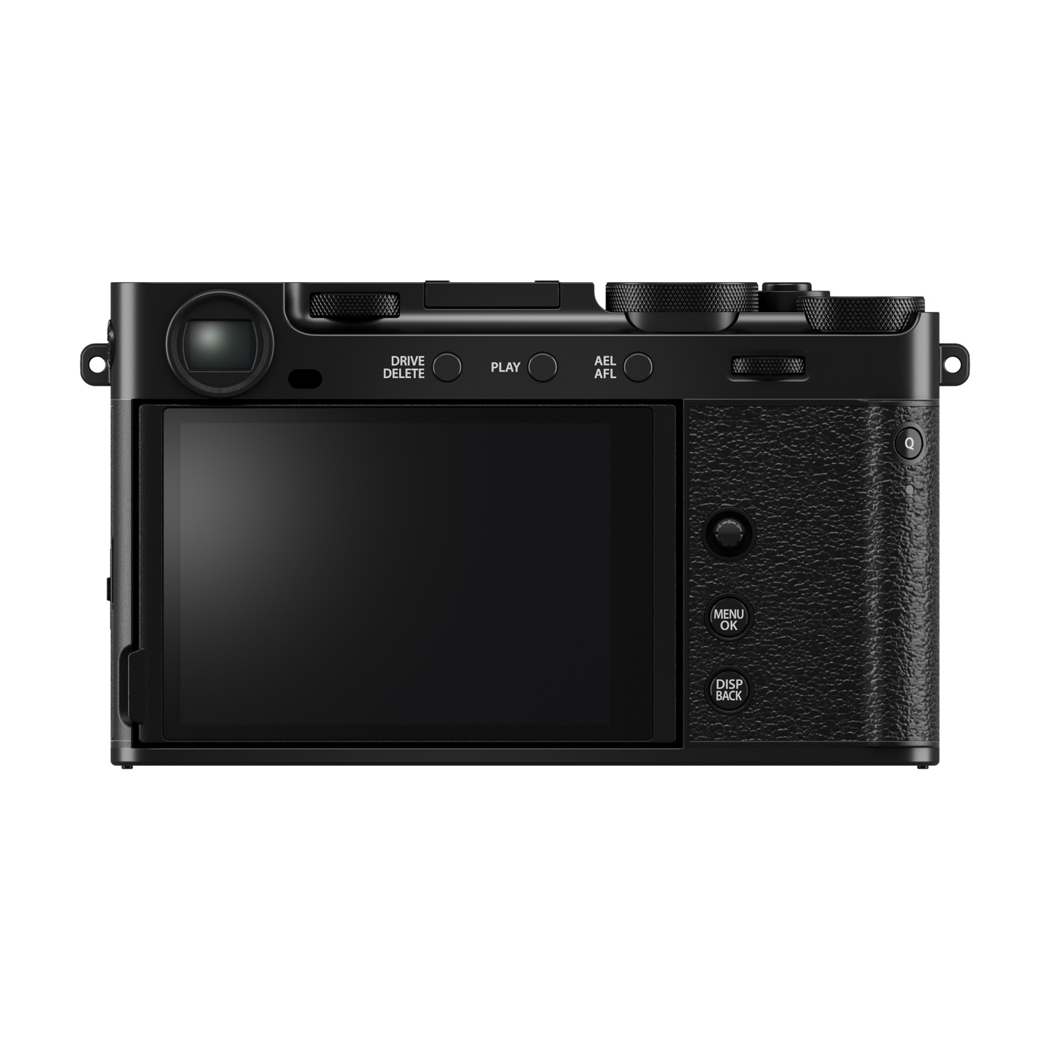 Una fotocamera digitale nera con un ampio schermo, pulsanti e ghiere. La parte posteriore mostra vari pulsanti di controllo e un'impugnatura strutturata.