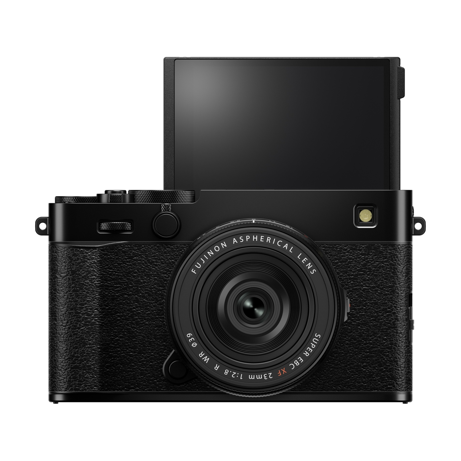 Fotocamera nera con obiettivo e schermo aperto. Obiettivo Fujifilm XF 23mm. La fotocamera è su sfondo bianco.