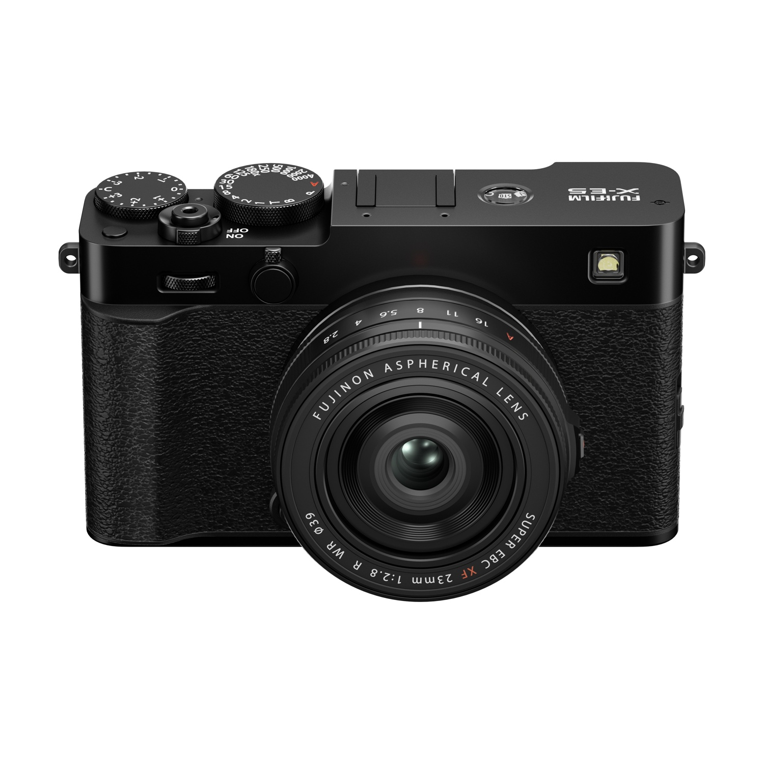 Una fotocamera Fujifilm X-E3 nera con un obiettivo. Ha manopole in alto e un'impugnatura strutturata. L'obiettivo è etichettato 'Fujinon'.