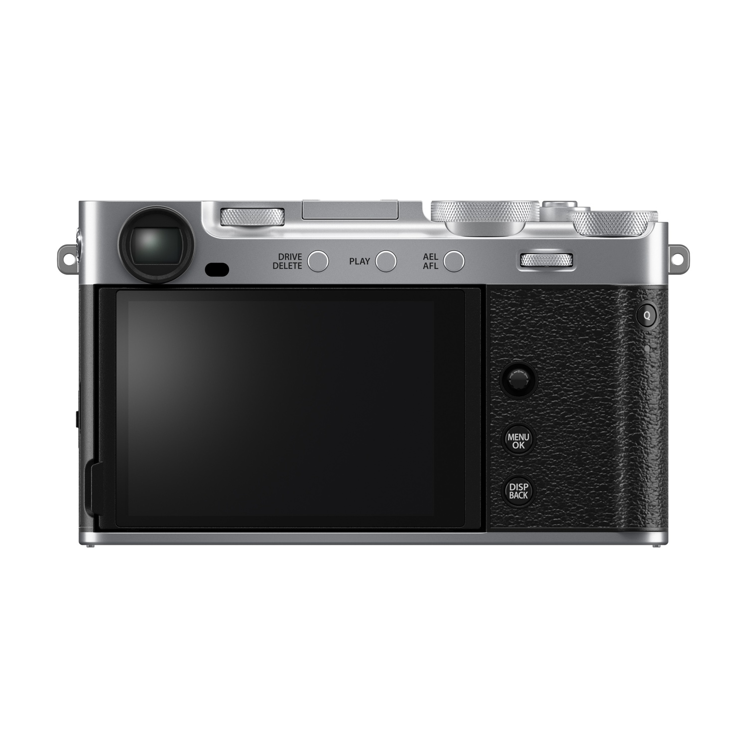 Una fotocamera argentata con schermo nero e impugnatura strutturata. Pulsanti: 'Drive Delete', 'Play', 'AEL AFL', 'Menu OK' e 'Disp Back'.