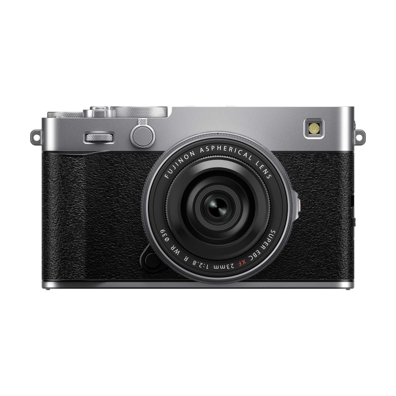 Una fotocamera Fujifilm argento e nera su sfondo bianco. L'obiettivo è in evidenza con la scritta 'FUJINON ASPHERICAL LENS'.