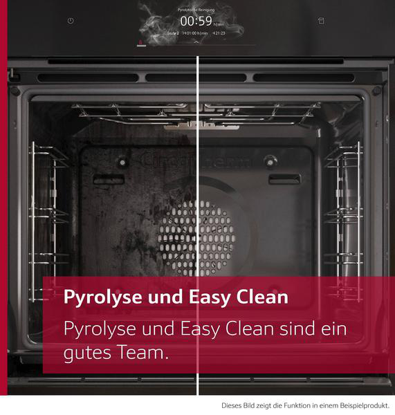 Ofeninnenraum vertikal geteilt. Linke Seite schmutzig, rechte Seite sauber. Oberes Display zeigt die Zeit. Text: Pyrolyse und Easy Clean.