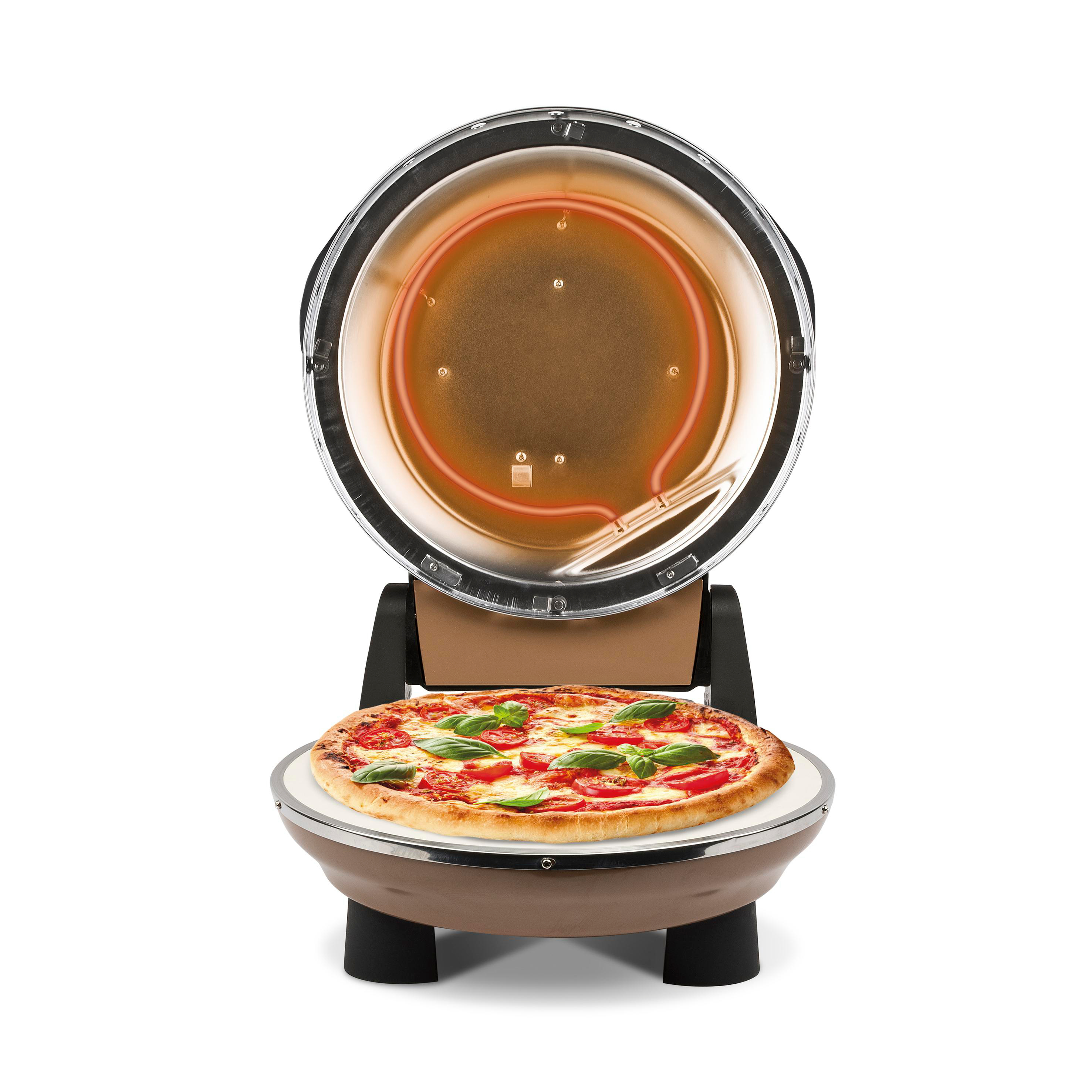 Ein offener Pizzaofen mit Pizza auf einem Stein. Der Ofen ist braun und silber. Pizza hat Tomate und Basilikum.