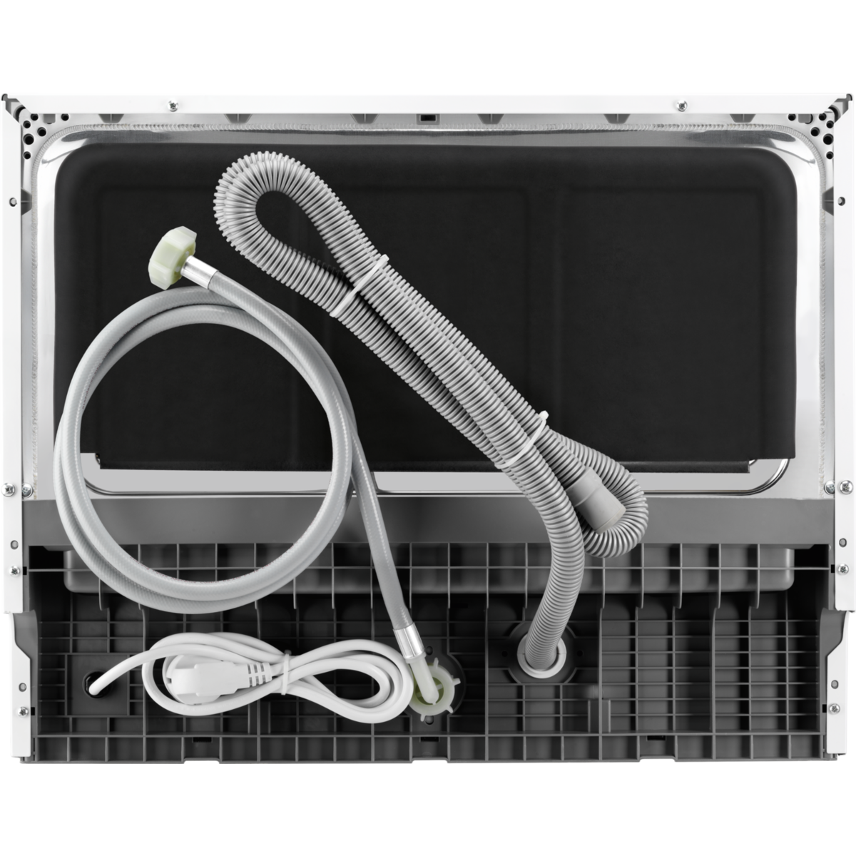 Tył pralki. Widoczne są szare węże i przewód zasilający. Maszyna ma czarne wnętrze i białą ramę.