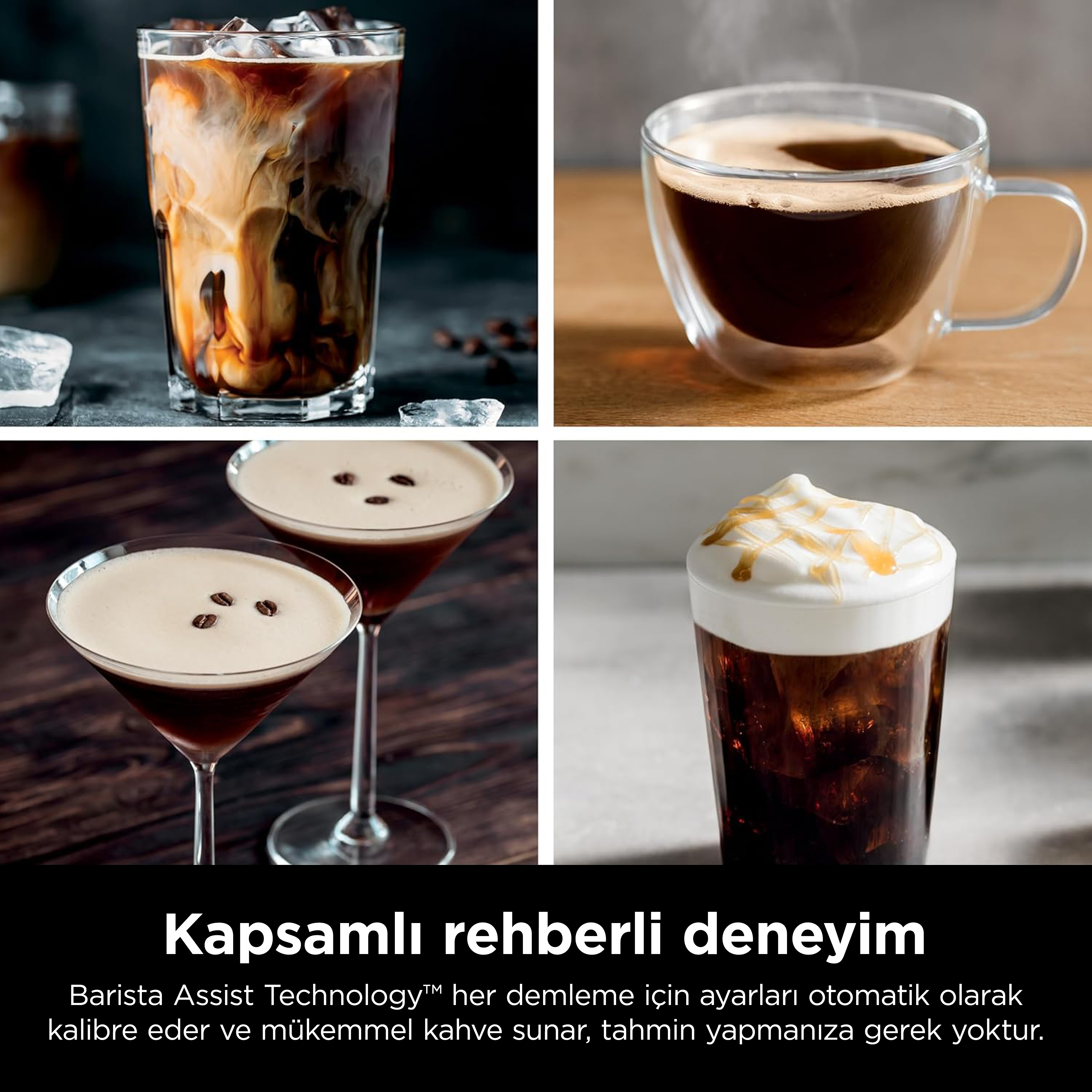 Dört kahve içeceği: buzlu kahve, sıcak kahve, espresso martini ve krem şantili ve karamelli kahve.
