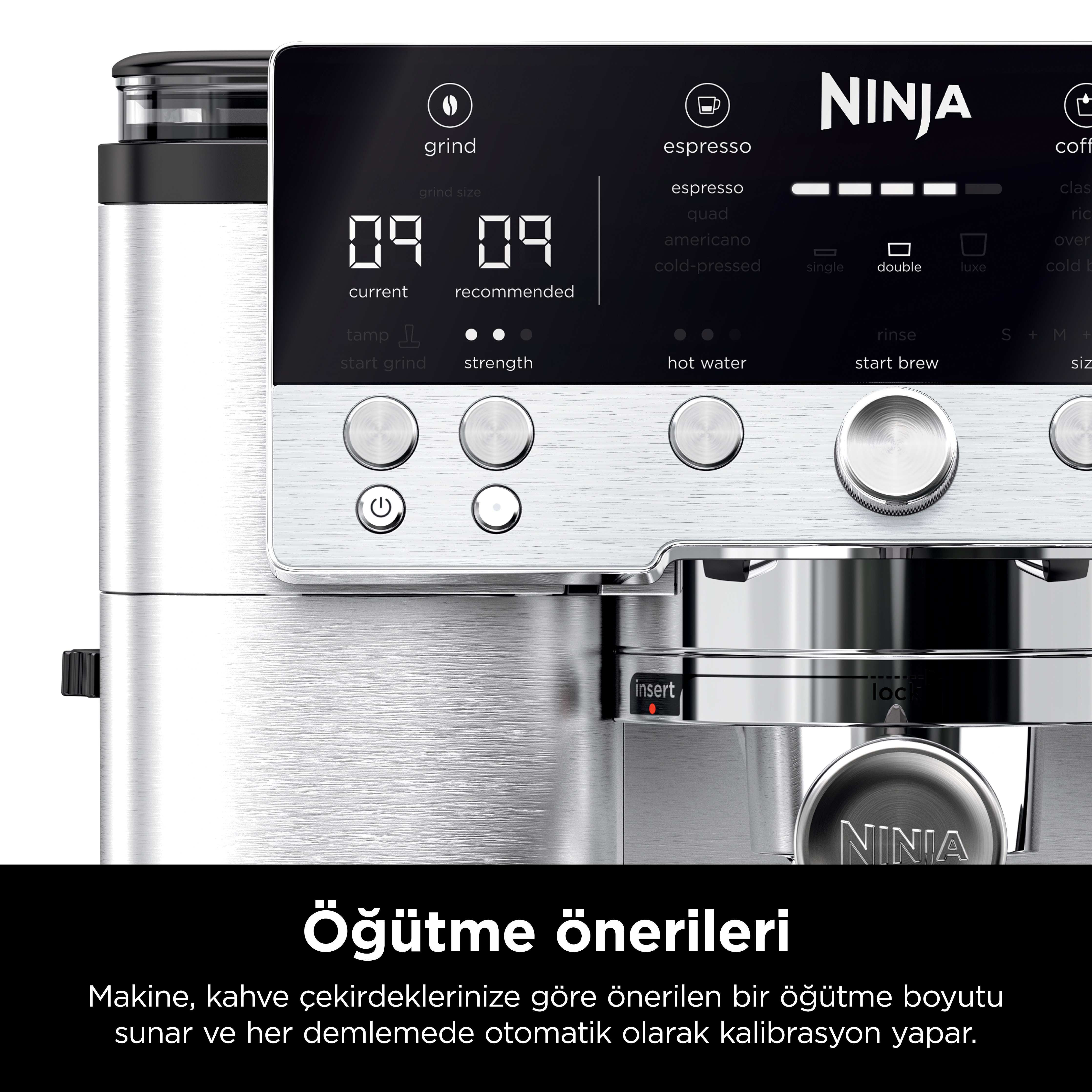 Ninja espresso makinesi kontrol paneli. Öğütme boyutu, espresso türü ve demleme ayarları gibi seçenekleri gösterir.