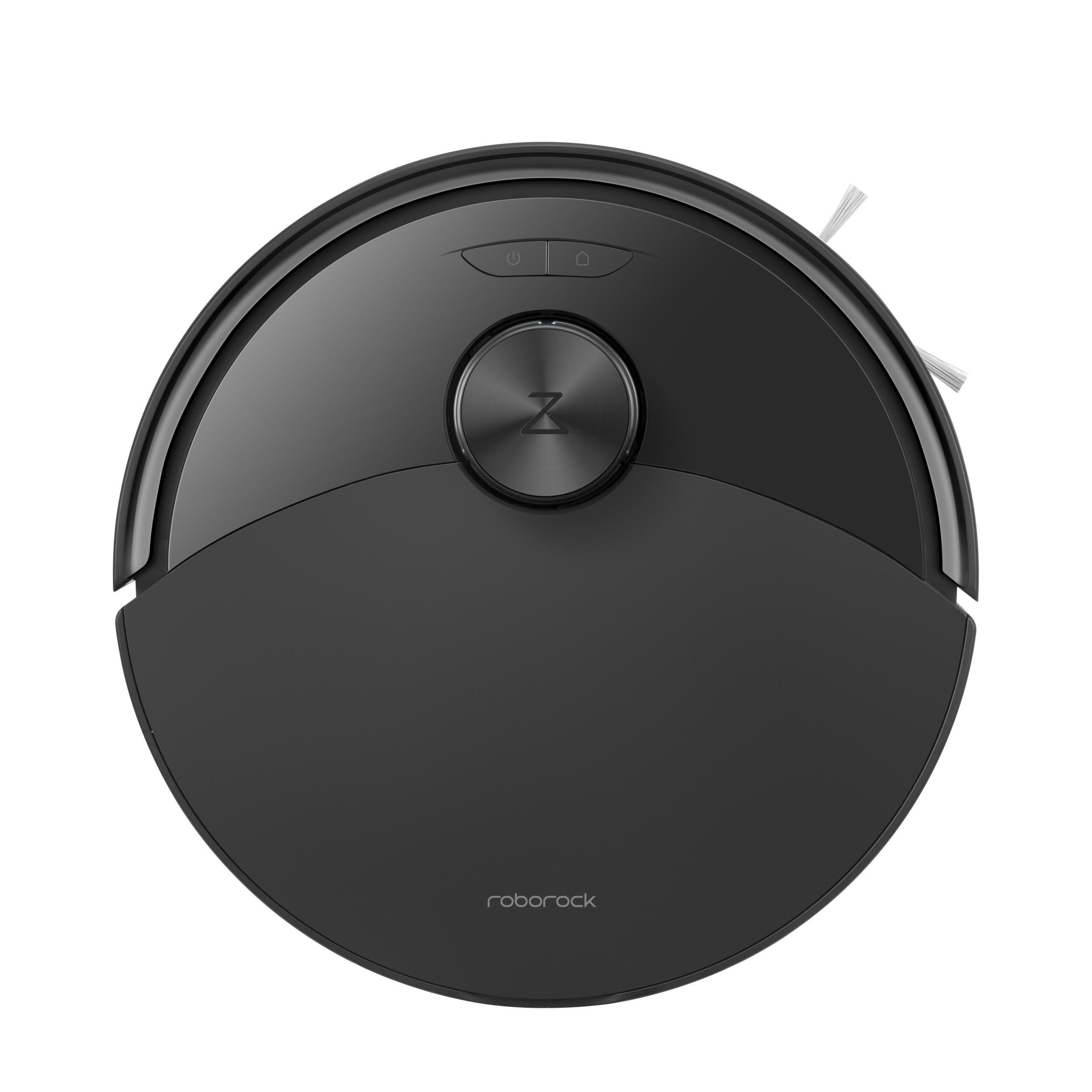 Schwarzer runder Roboter-Staubsauger mit Knöpfen. 'Z'-Logo in der Mitte. 'Roborock' steht unten.