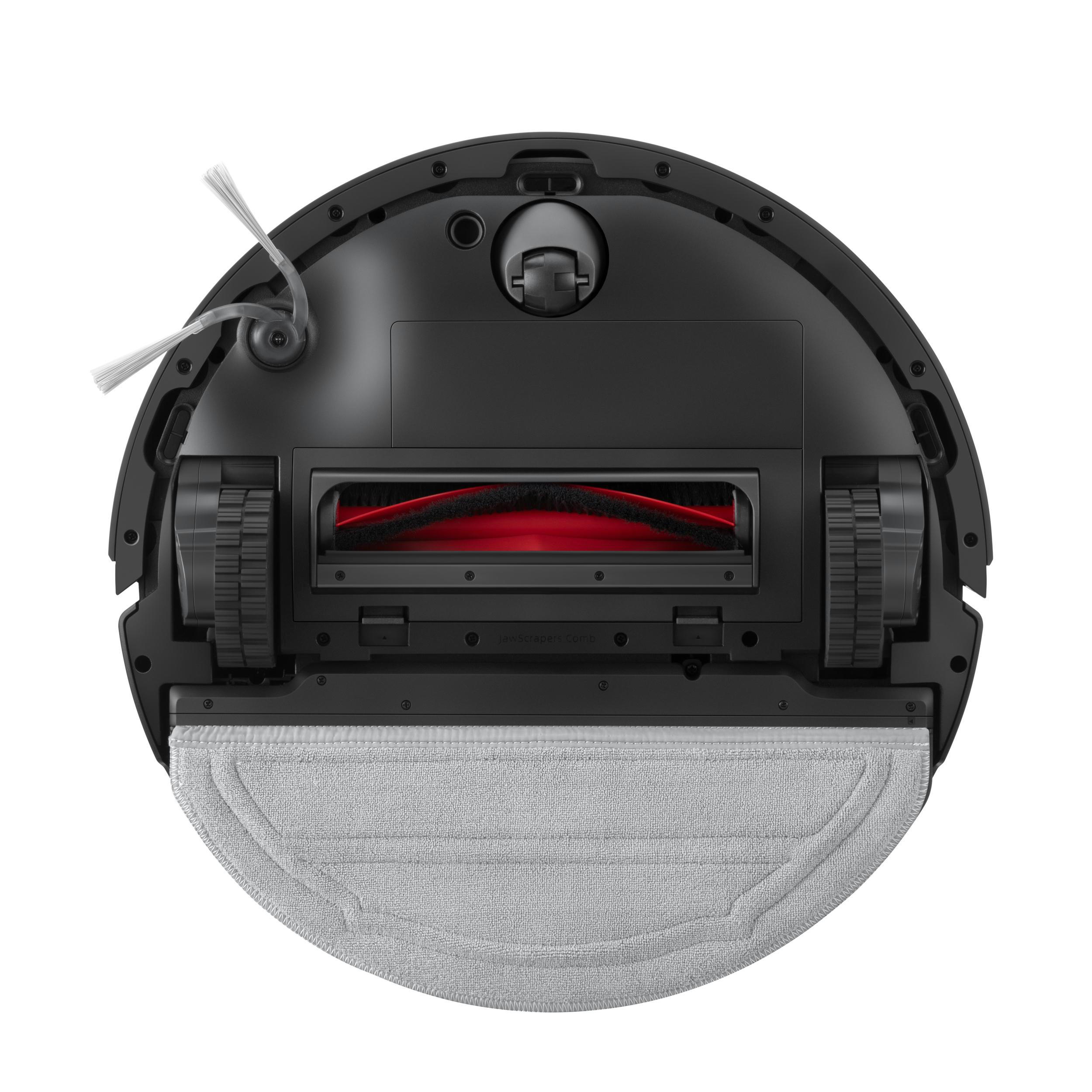 Ein schwarzer Roboter-Staubsauger. Er hat eine rote Walze, ein graues Wischtuch und eine weiße Bürste.