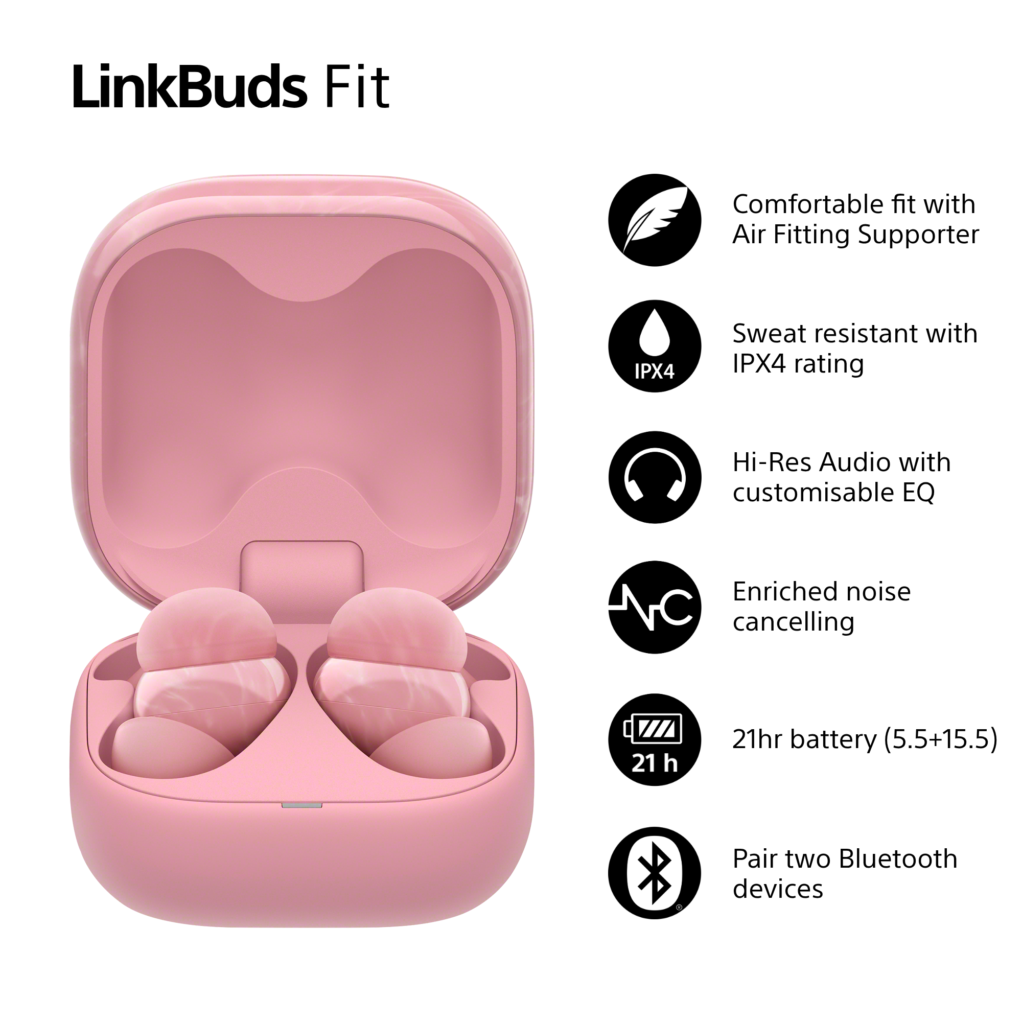 Écouteurs LinkBuds Fit roses dans un étui rose. Fonctions : suppression du bruit, batterie 21 heures et couplage Bluetooth.