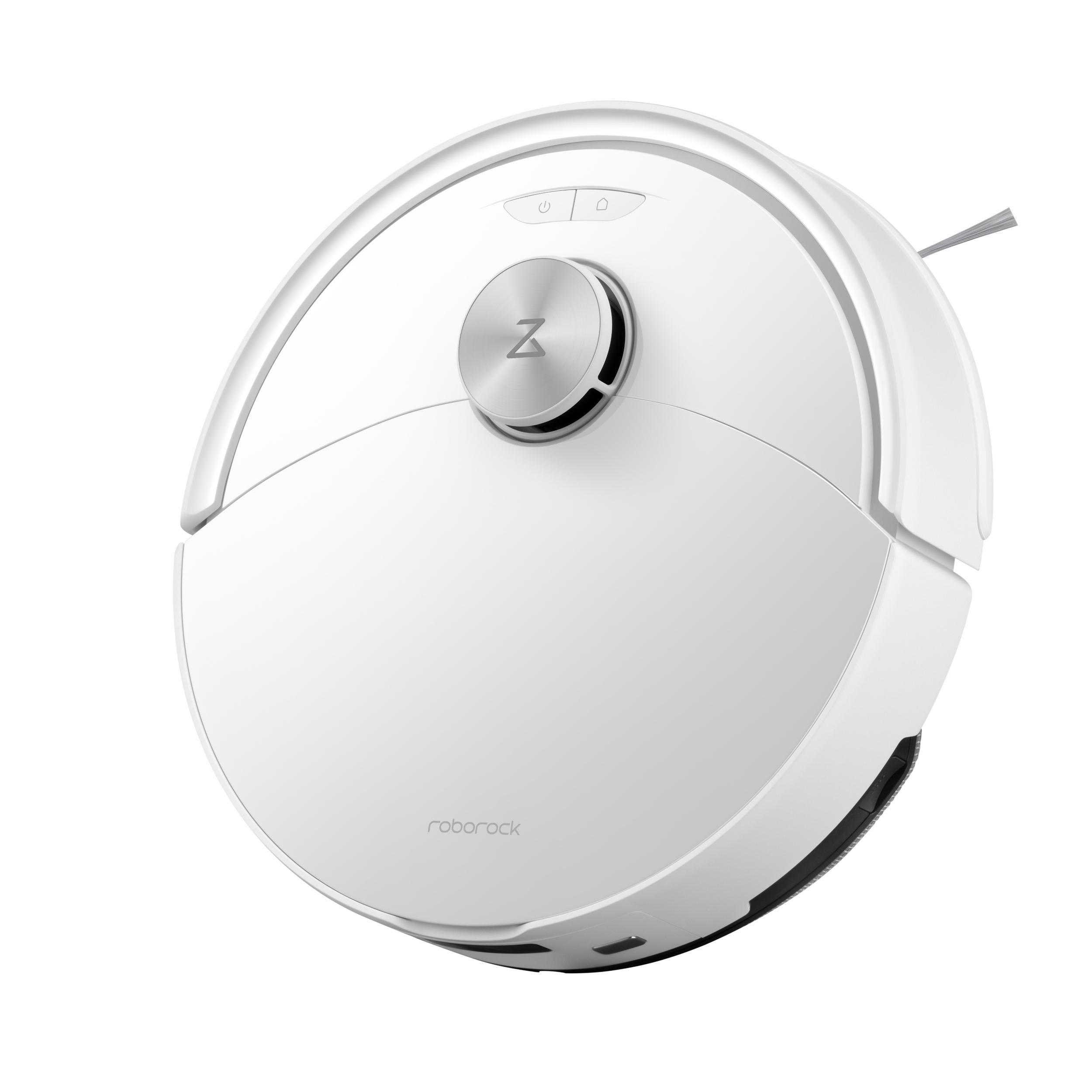 Weißer Roboter-Staubsauger mit Steuertasten und silberner Mitte. Es trägt das Wort 'roborock'.