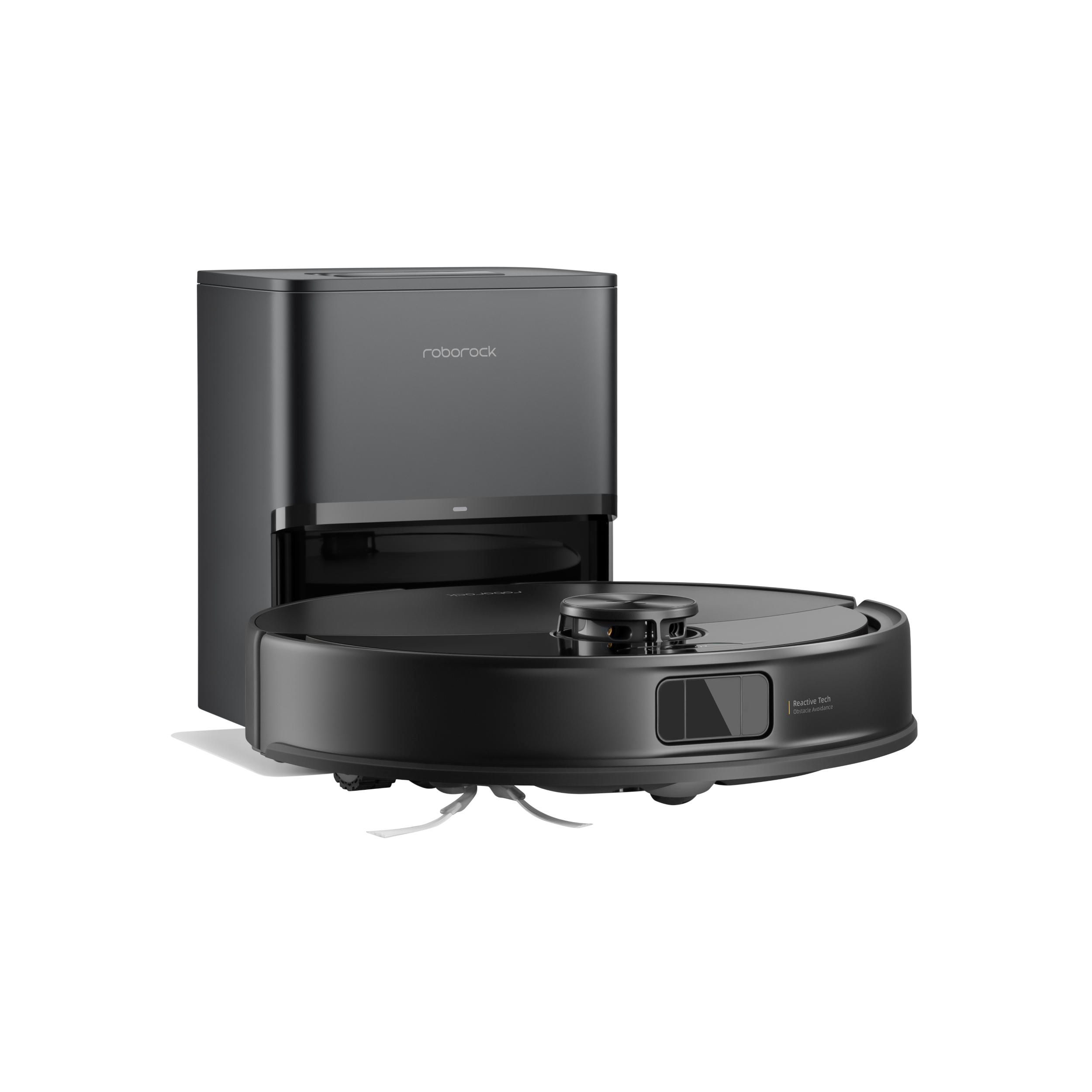 Ein schwarzer Roborock-Roboterstaubsauger mit Ladestation. Der Staubsauger verfügt über Reactive Tech. Weißer Hintergrund.