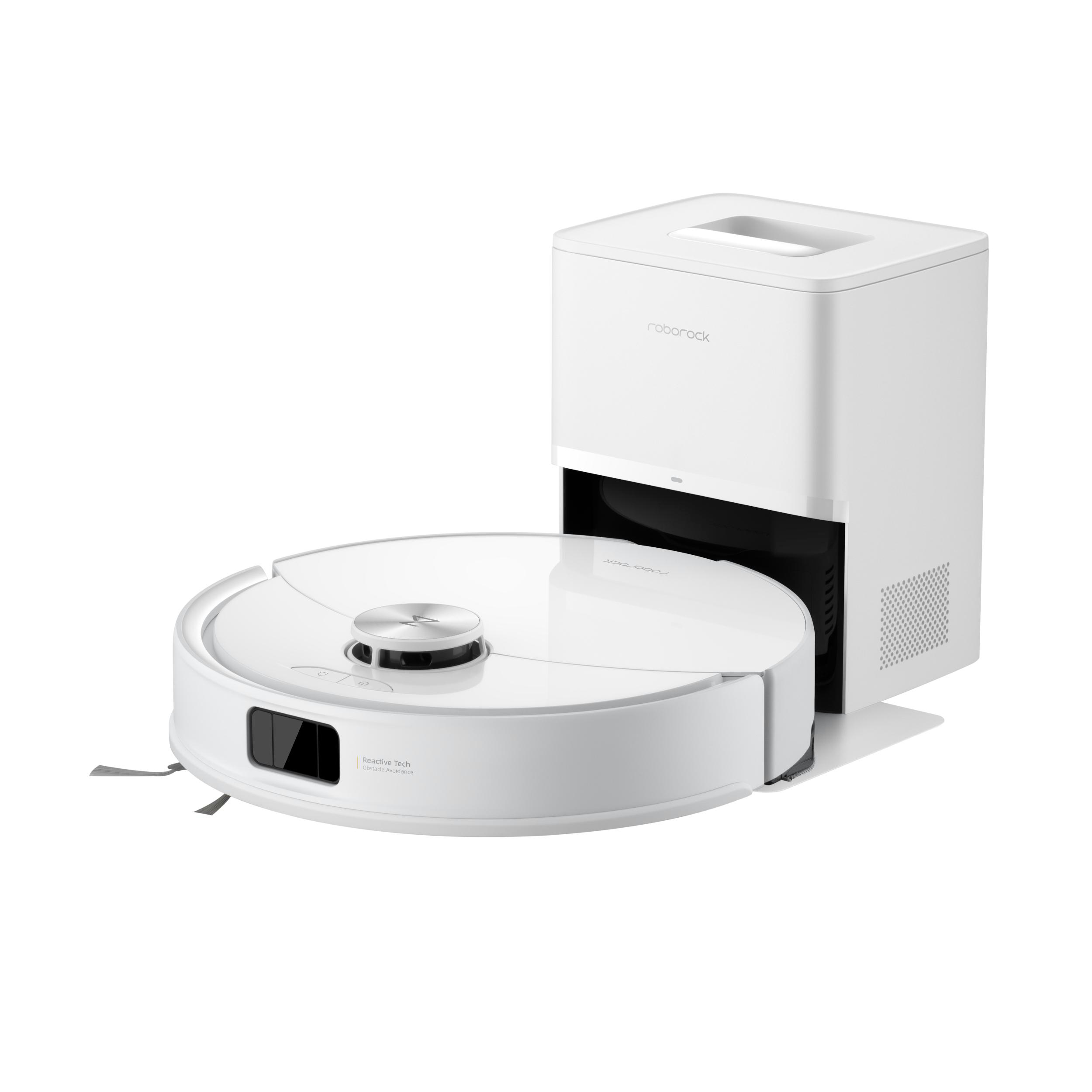 Ein weißer Roboterstaubsauger neben einer weißen Ladestation. Der Staubsauger hat eine runde Form.