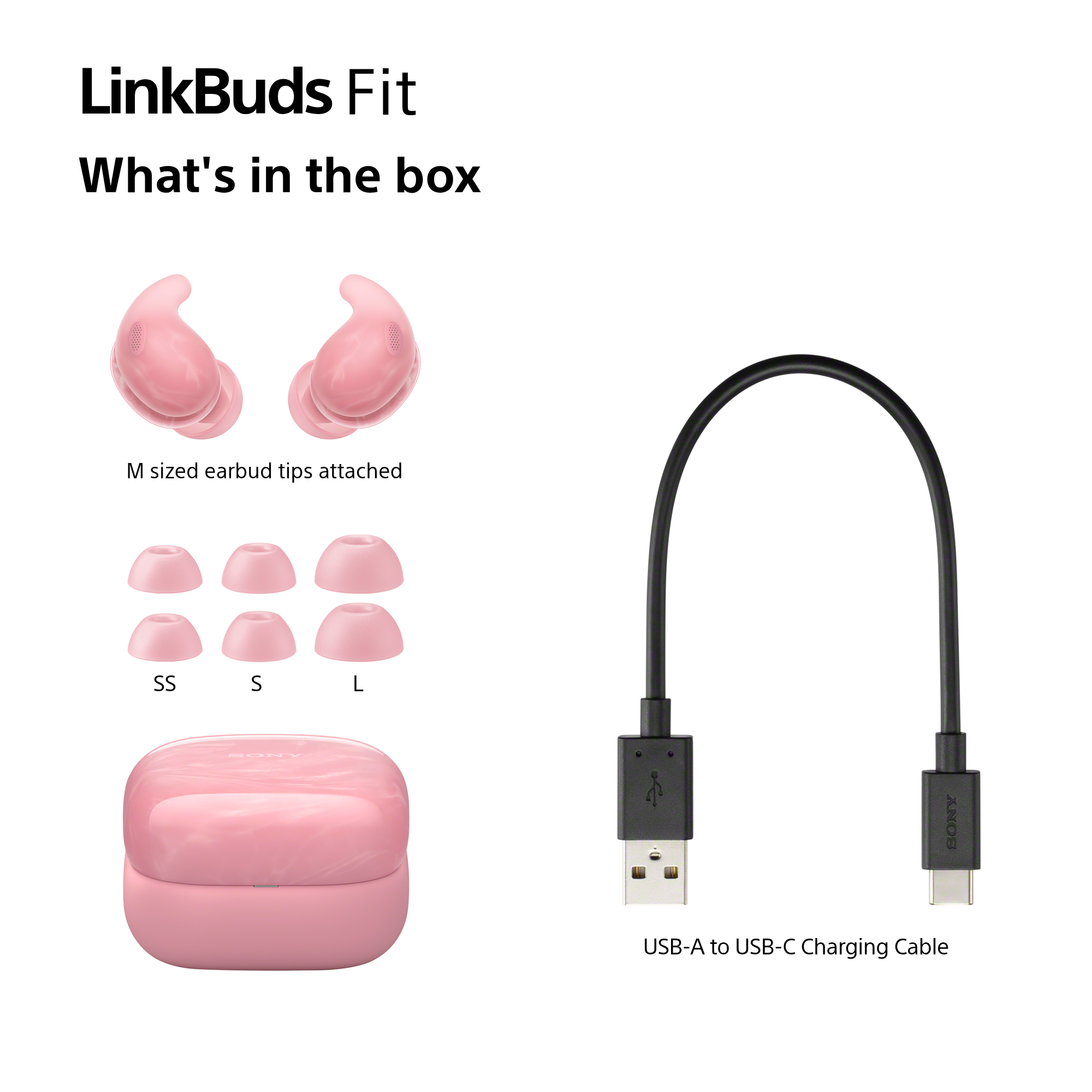 Contenu des Sony LinkBuds Fit roses : écouteurs, embouts (SS, S, L), étui de chargement et câble USB-A vers USB-C.