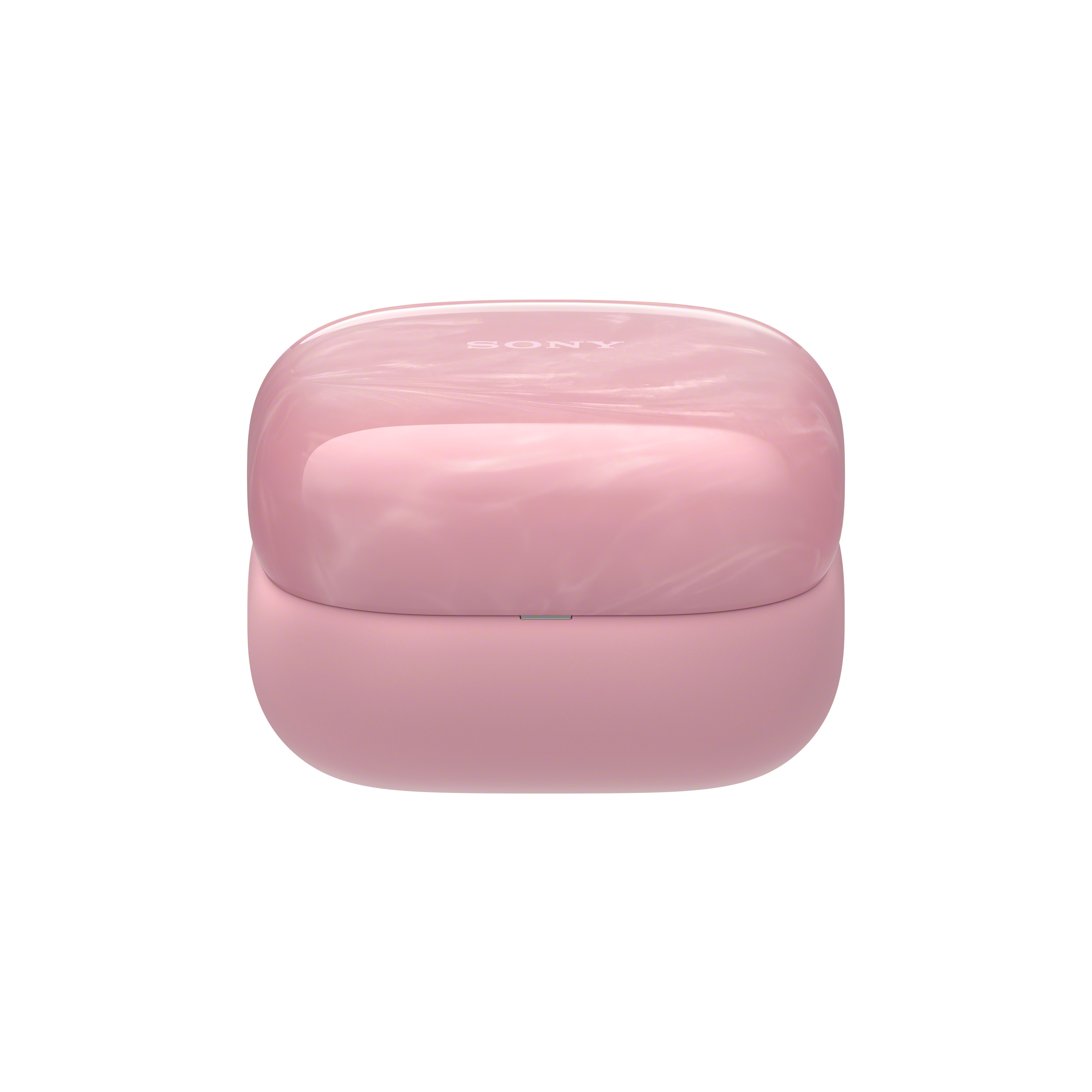 Un étui d'écouteurs Sony rose est centré sur un fond blanc. L'étui a une texture marbrée et le nom de la marque est visible.