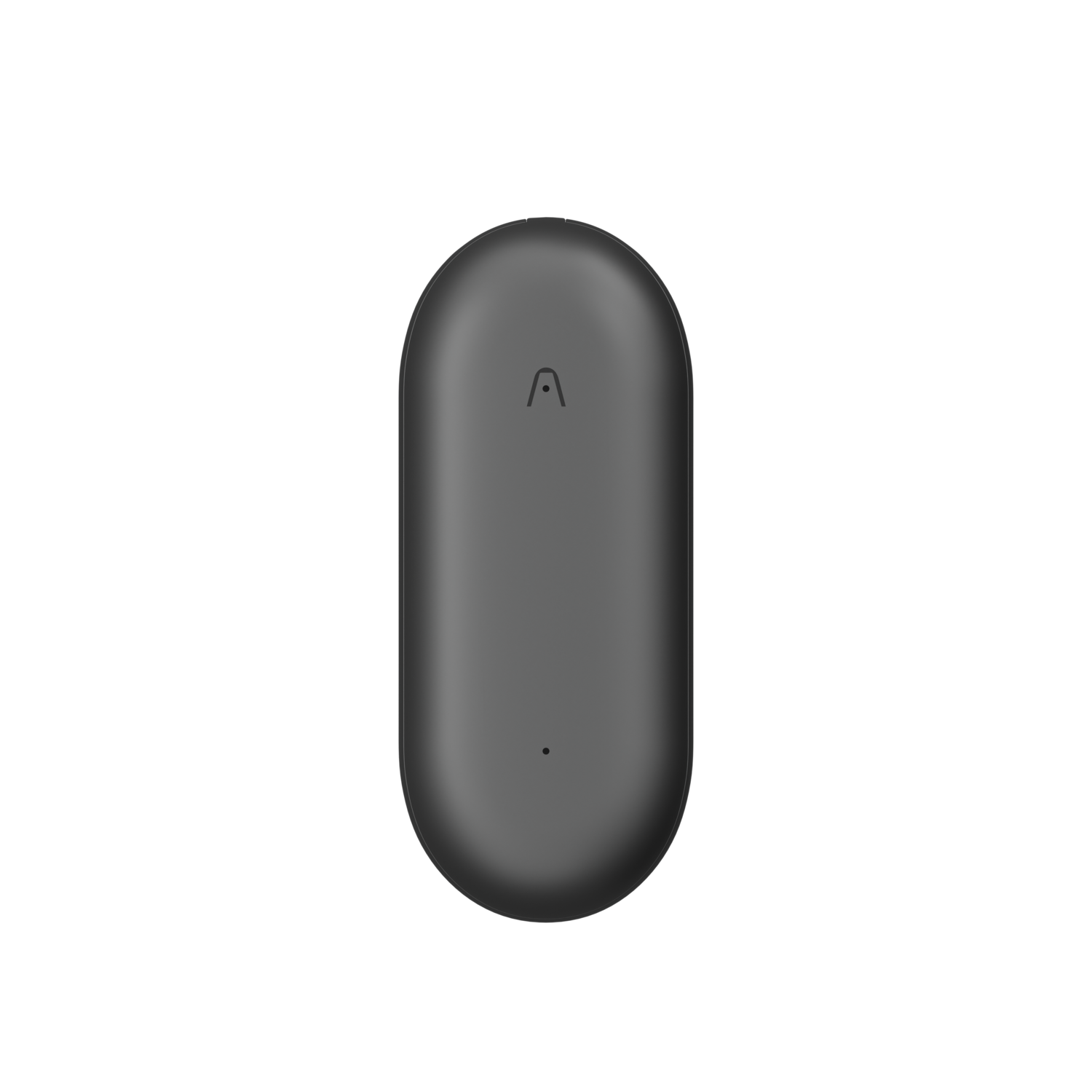 Un appareil gris ovale avec un petit symbole incurvé en haut et un point en bas, sur fond noir.