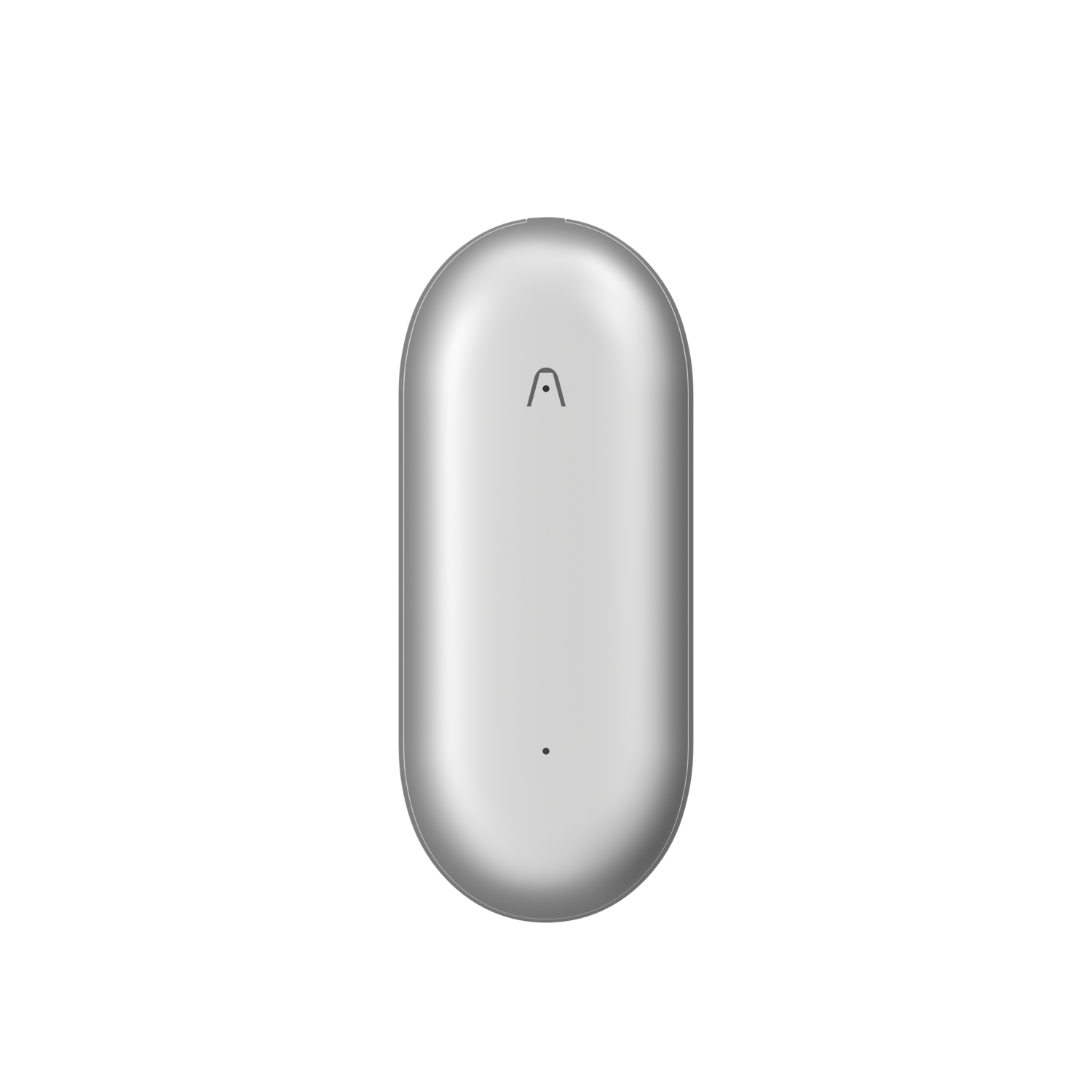 Un appareil argenté en forme de pilule avec une petite icône et un point sur sa surface sur fond noir.