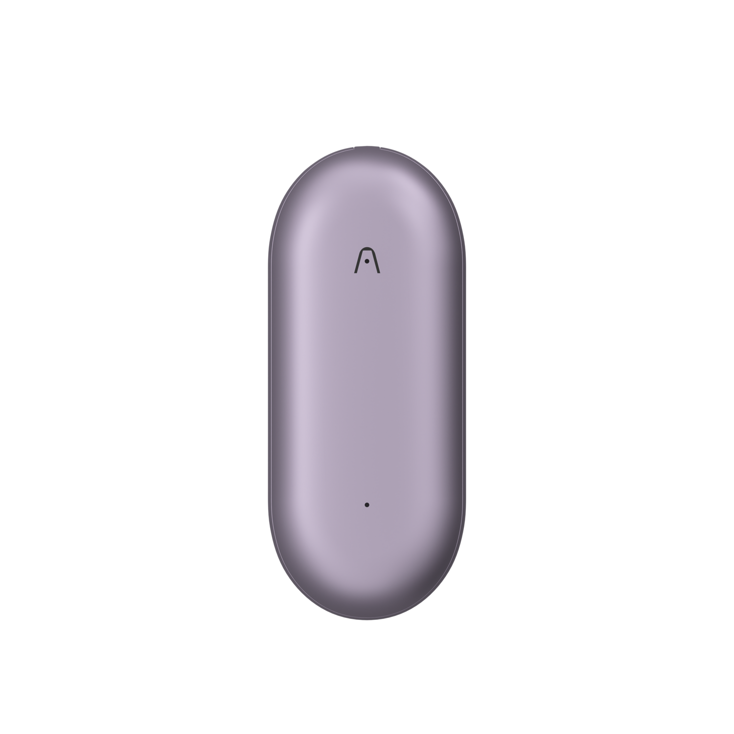 Un objet ovale lavande avec un petit symbole noir et un point sur fond noir.