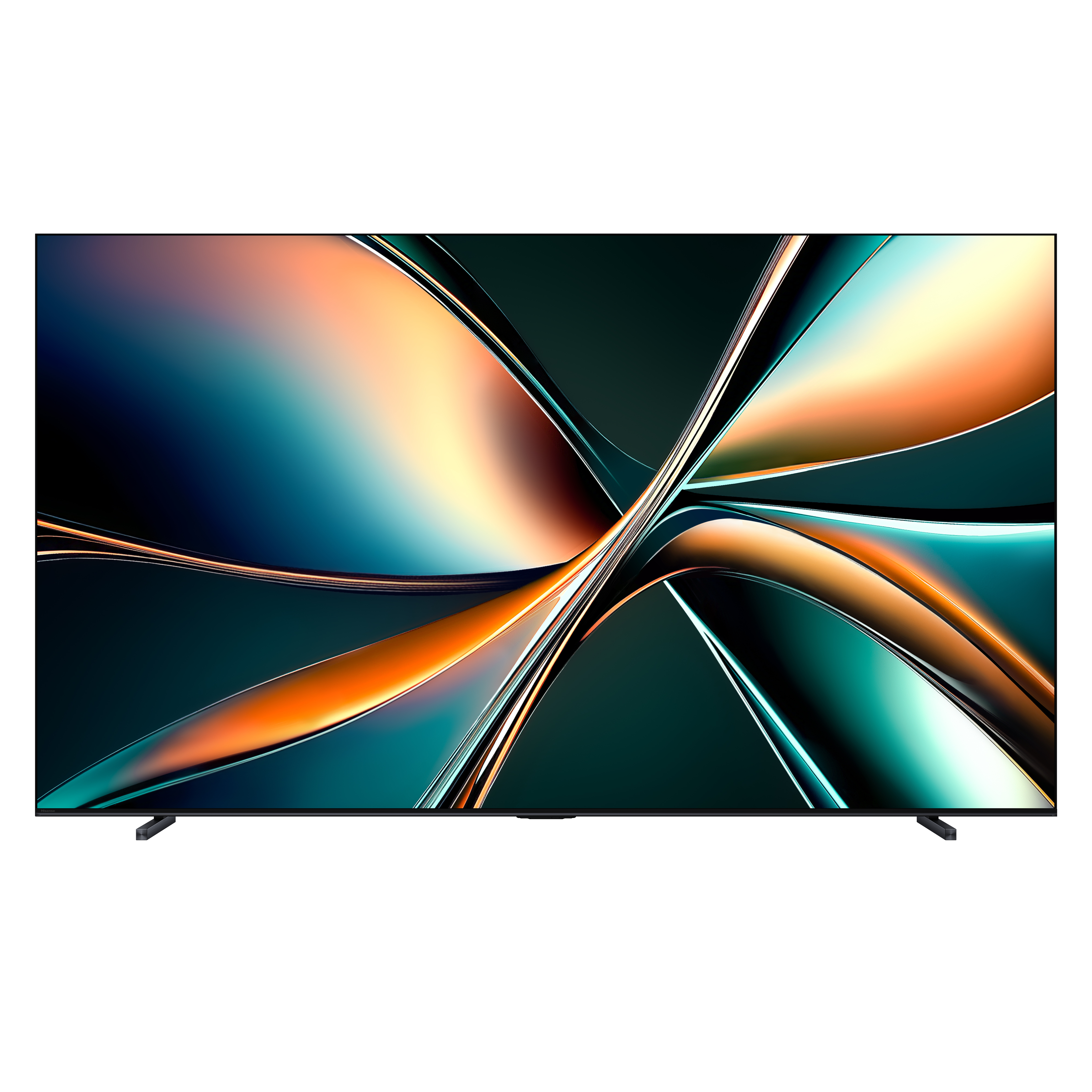 Ein großer, moderner Fernseher zeigt ein wirbelndes abstraktes Design in Türkis-, Orange- und Schwarztönen. Der Fernseher steht auf einem Ständer.